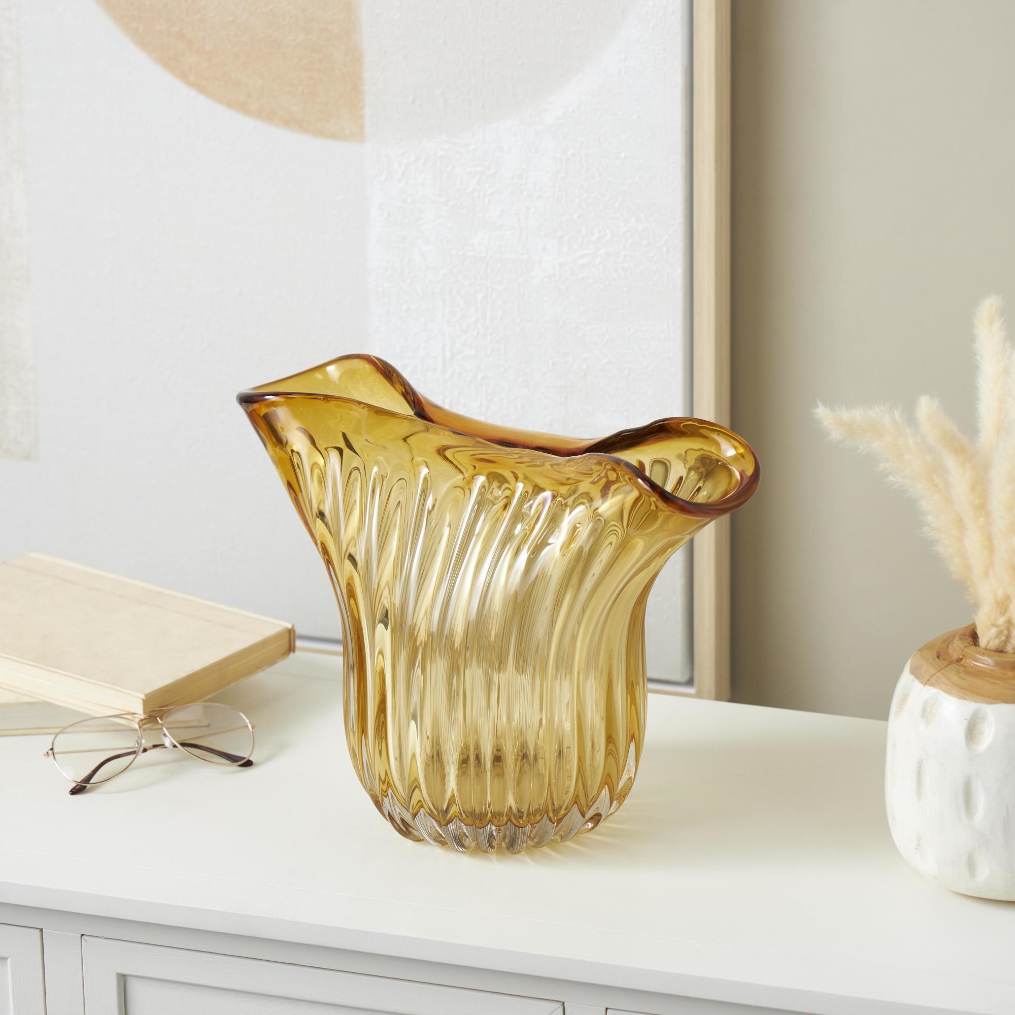 Abstract Orange Glass Ribbed Ombre Decorative Vase with Folded Curve Opening