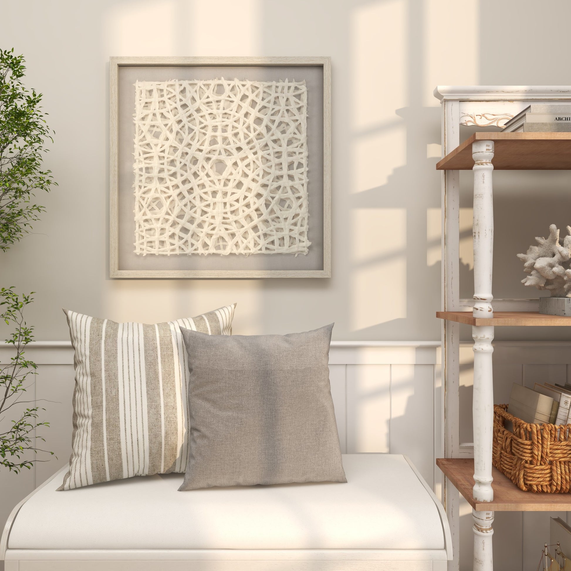 Abstract White Paper Handmade Layered 3D Lace Home Shadow Box with Gray Canvas Backing