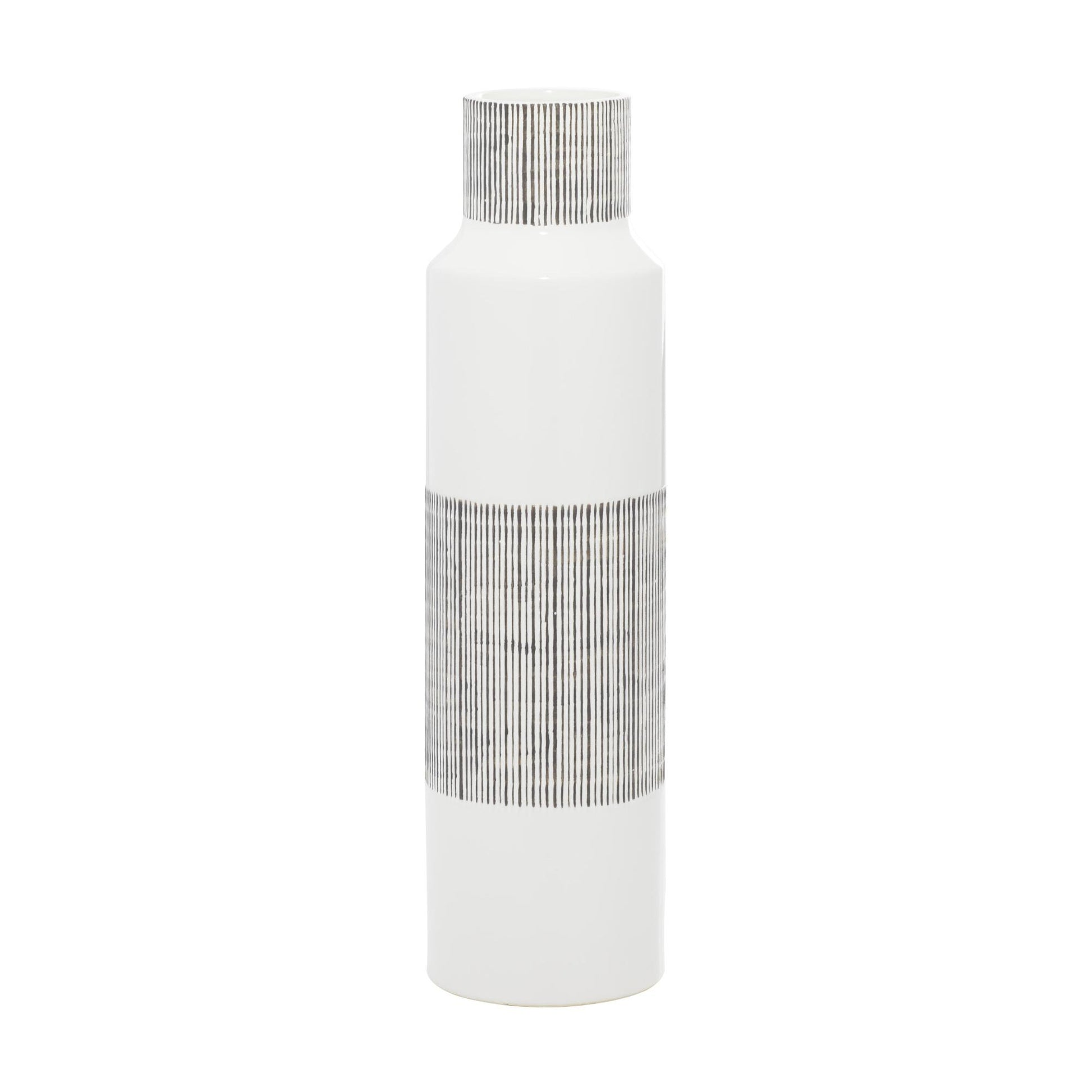CosmoLiving by Cosmopolitan White Ceramic Handmade Decorative Vase with Gray Striped Accents