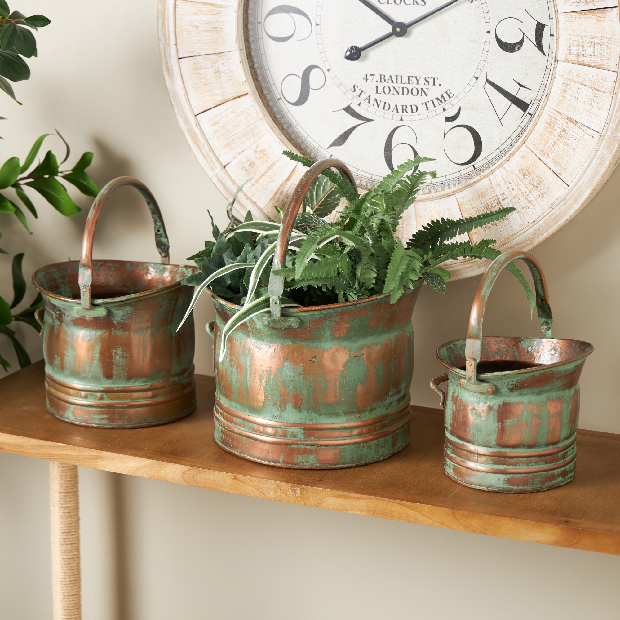 Set of 3 Copper Metal Patina Tulip Style Bucket Indoor Outdoor Planter with Stationary Handles