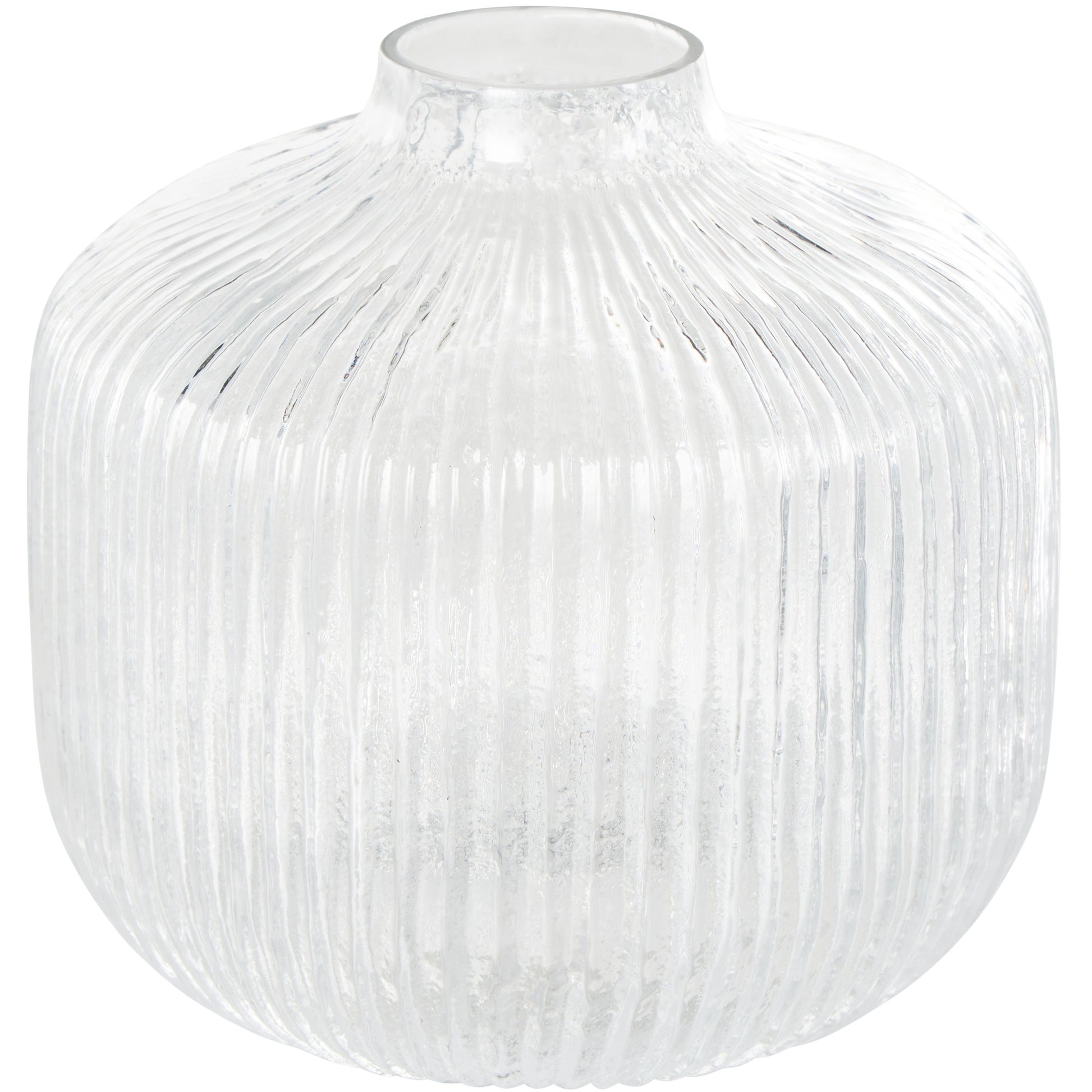 Clear Glass Short Round Ribbed Fluted Decorative Vase