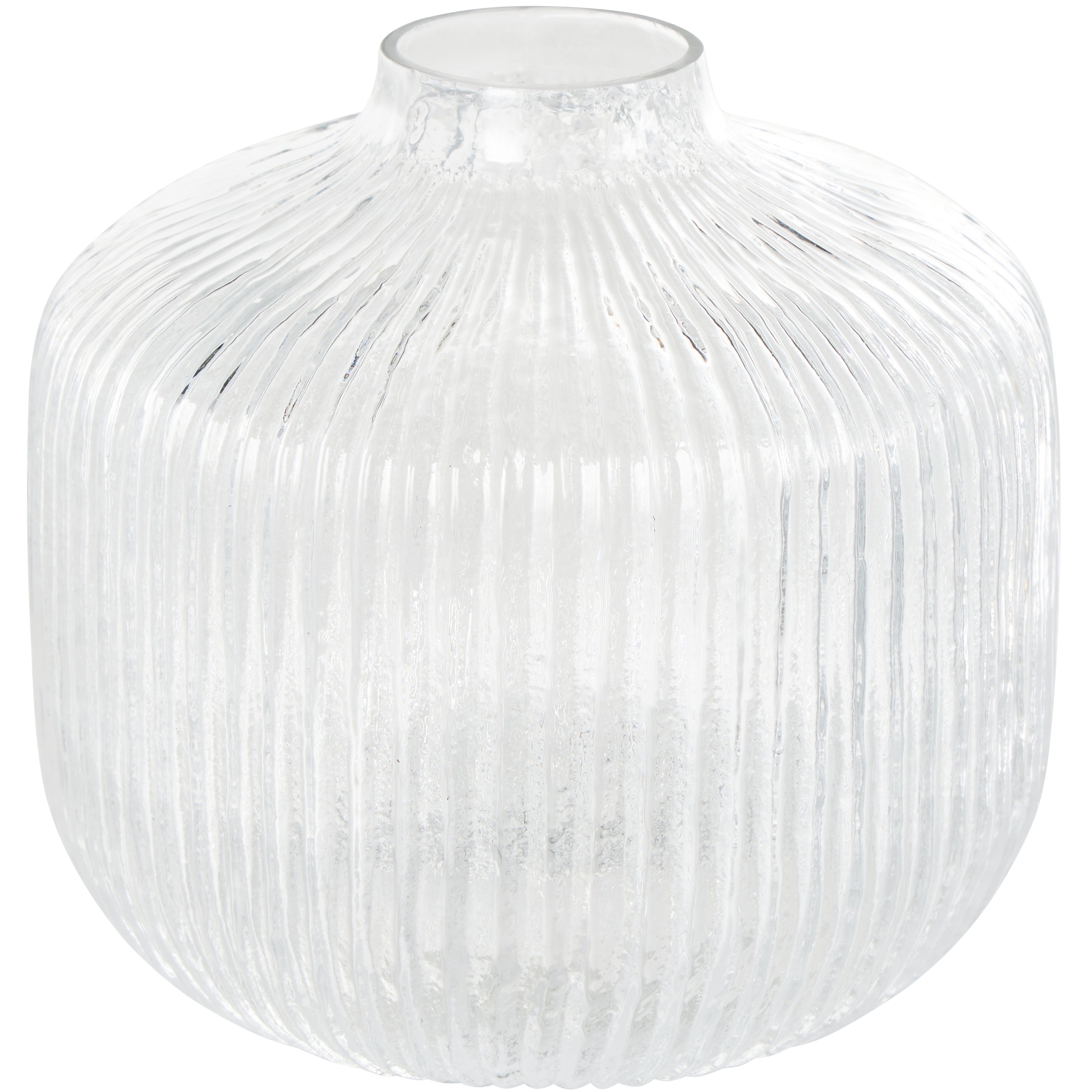 Clear Glass Short Round Ribbed Fluted Decorative Vase