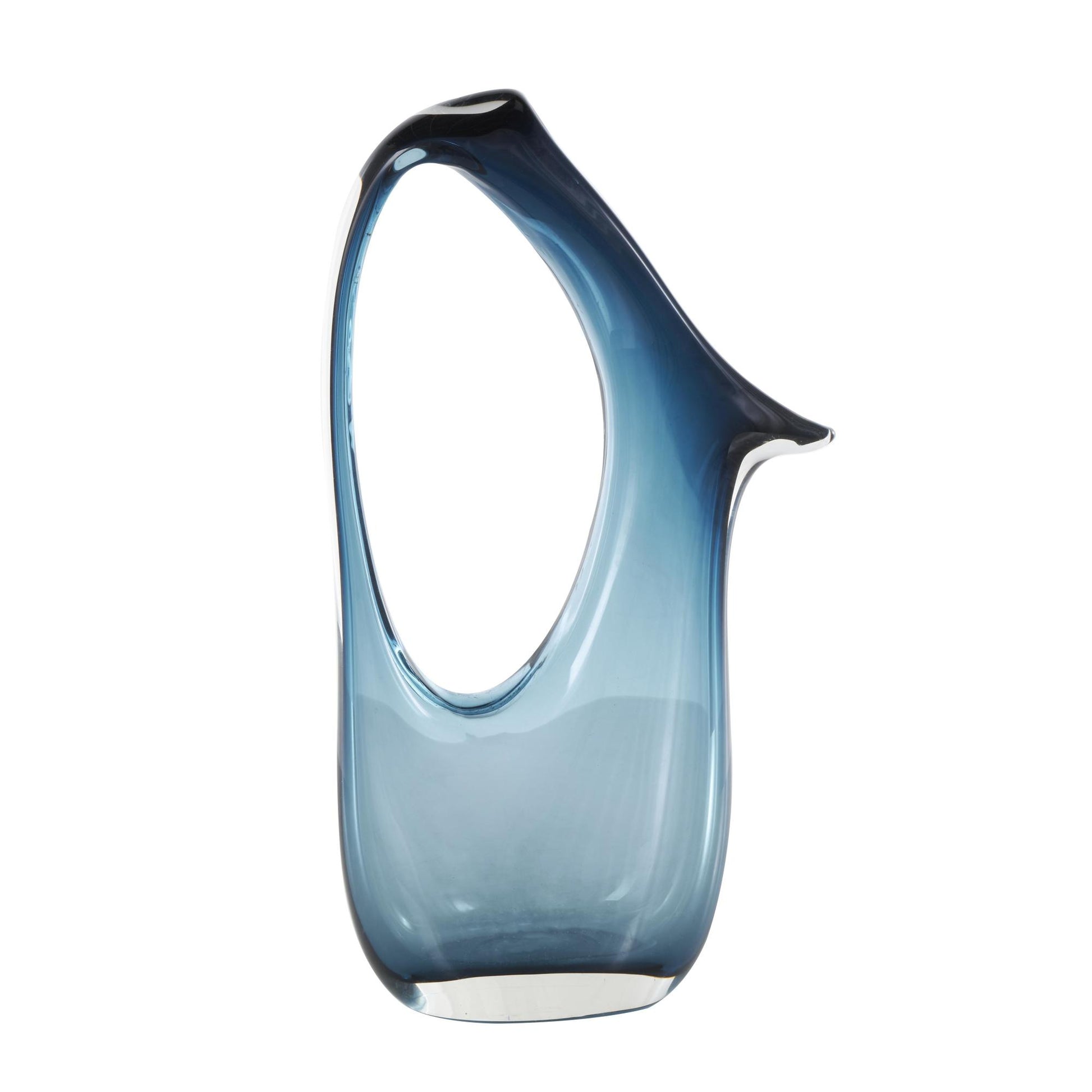 Abstract Blue Glass Ombre Decorative Vase with Cutout Handle and Elongated Opening