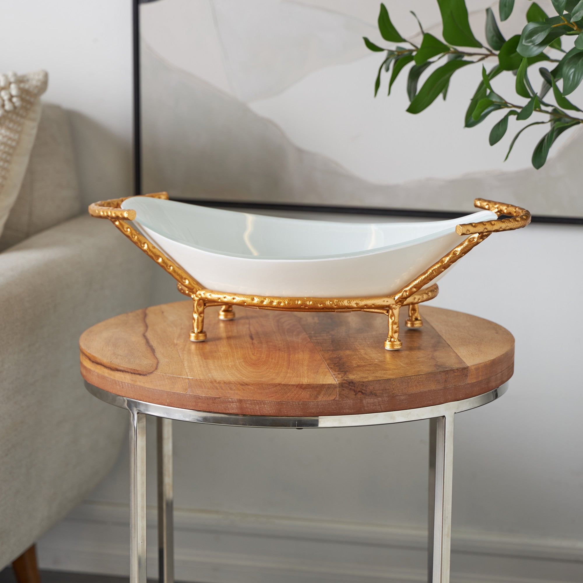 Kitchen White Tempered Glass Decorative Serving Bowl with Gold Metal Stand