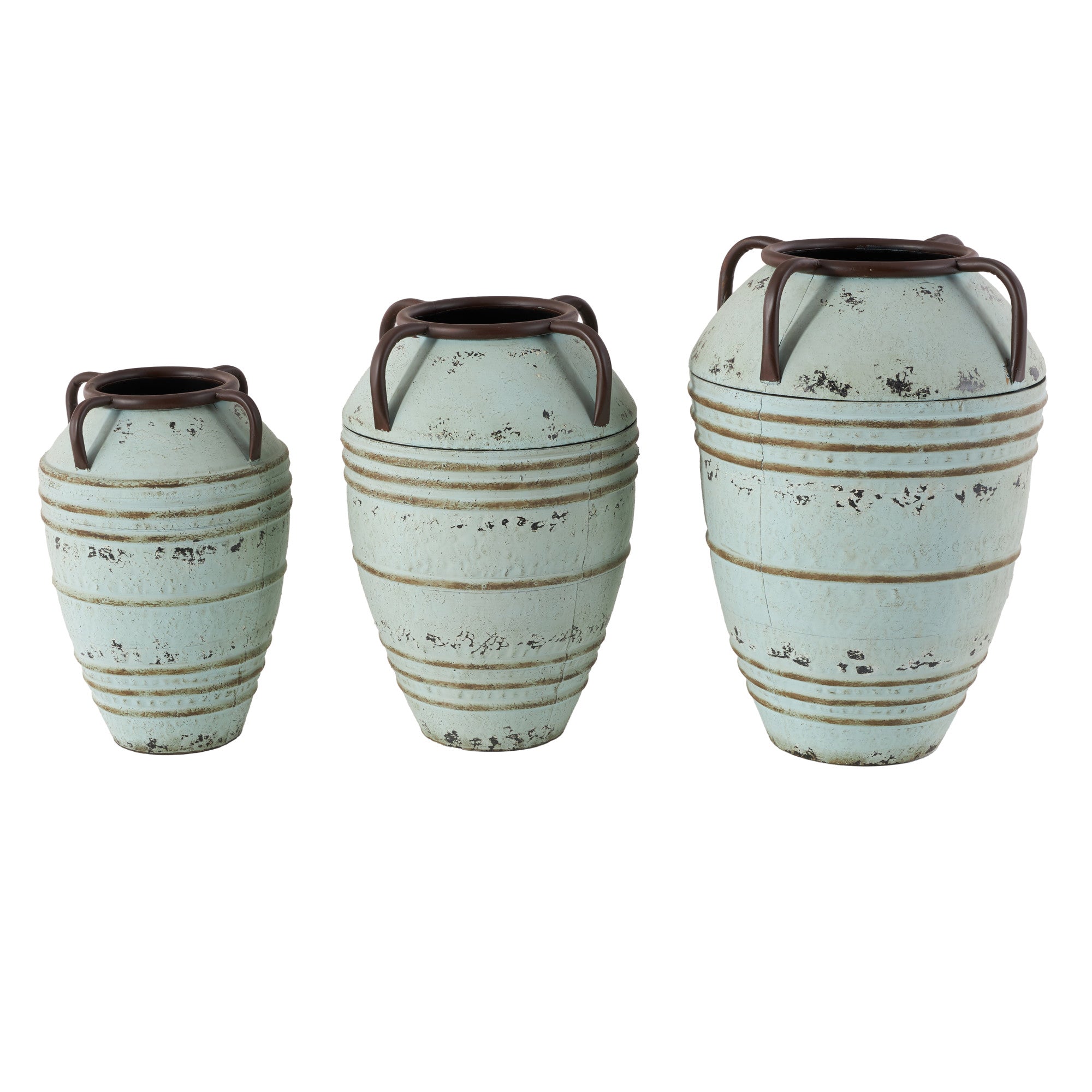 Set of 3 Blue Metal Distressed Decorative Vase with Handles