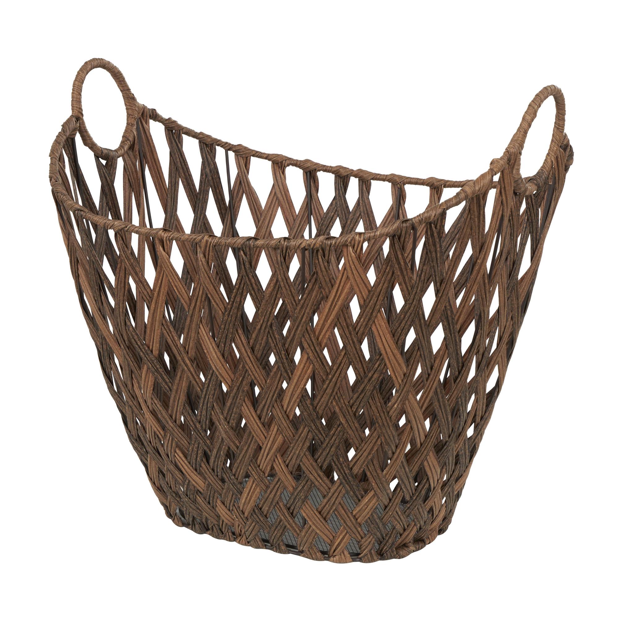 Geometric Bronze Plastic Rattan Open Frame Woven Decorative and Functional Storage Basket with Ring Handles
