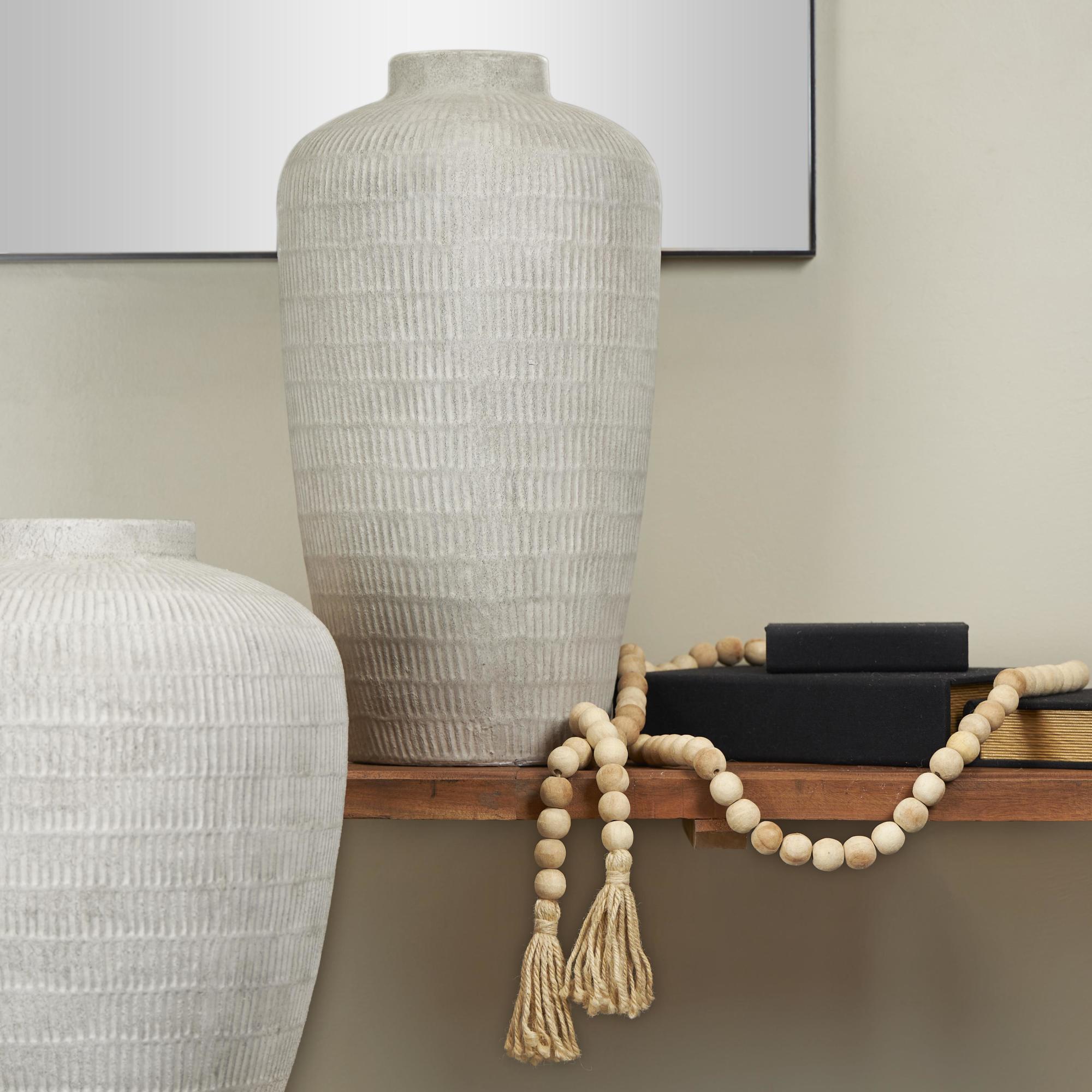 Cream Ceramic Textured Decorative Vase with Linear Pattern