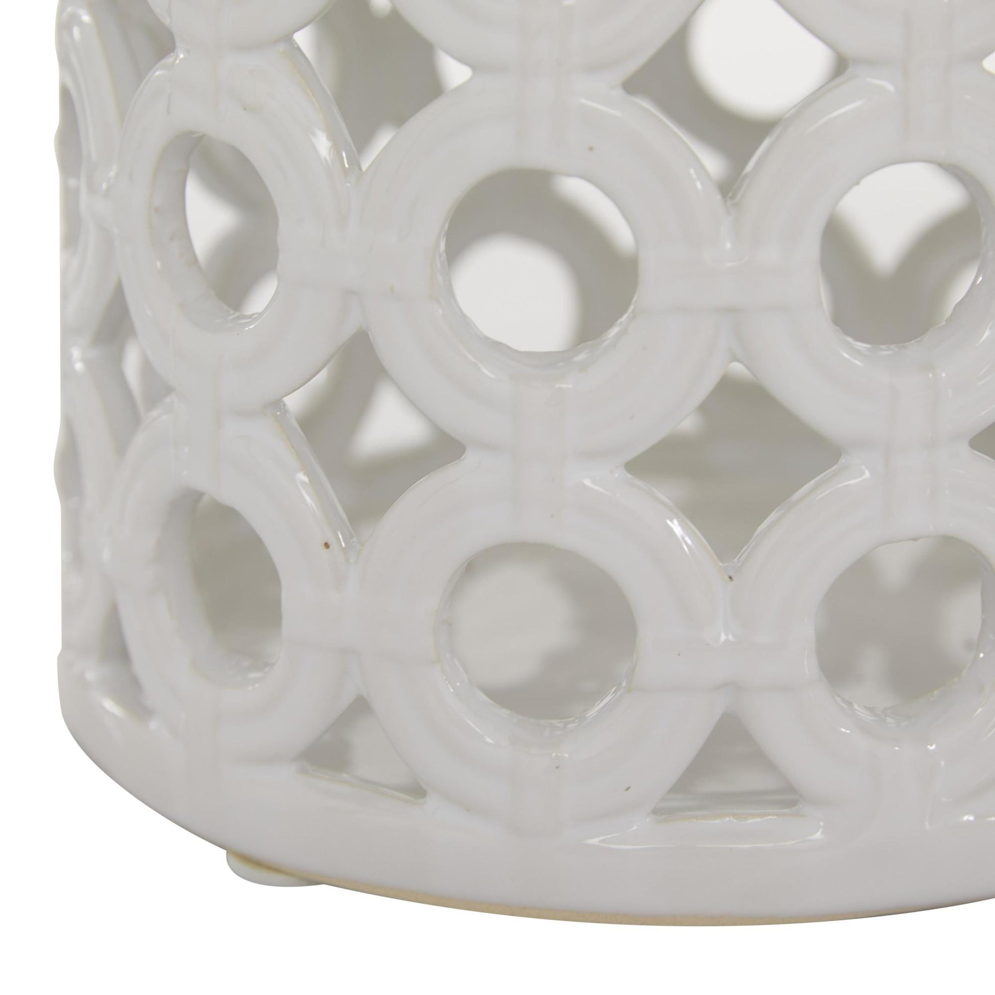 White Ceramic Circles Decorative Indoor Outdoor Candle Lantern with Cut Out Design