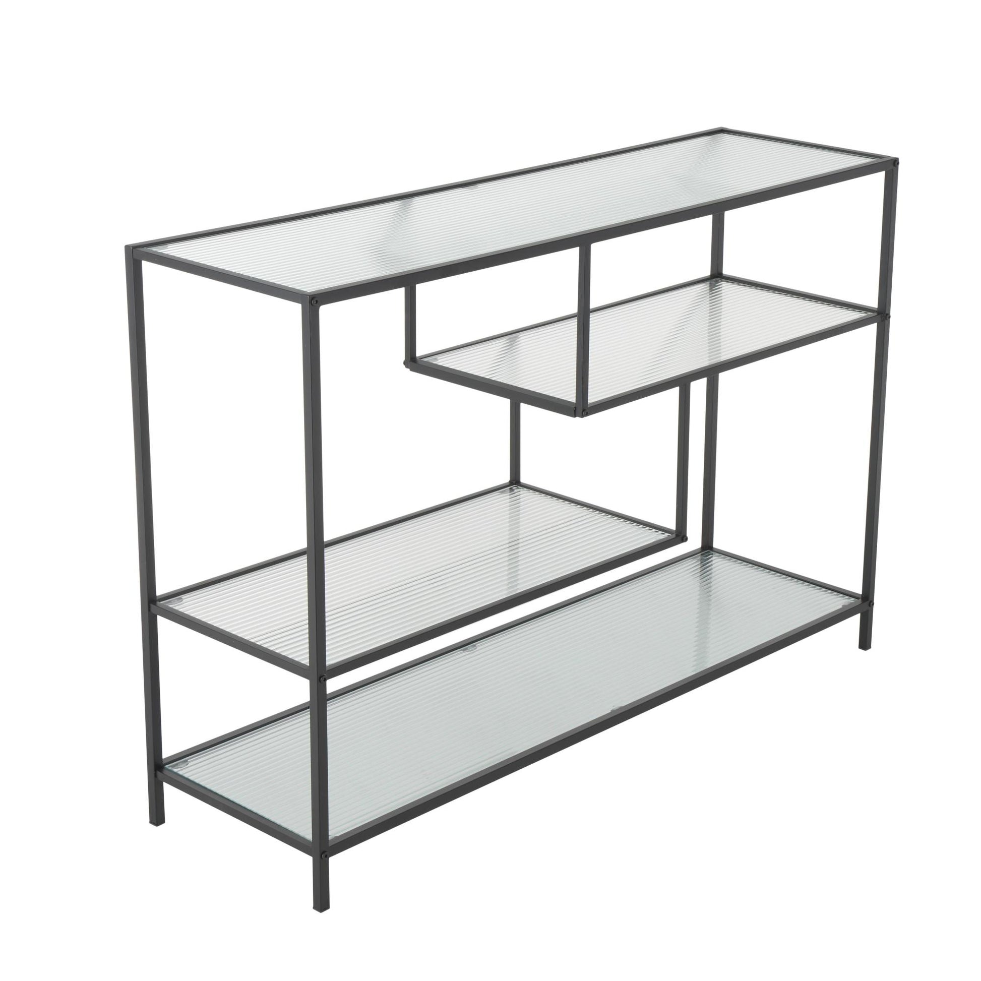 Geometric Black Metal 4 Shelf Living Room Console Table with Clear Glass Shelves