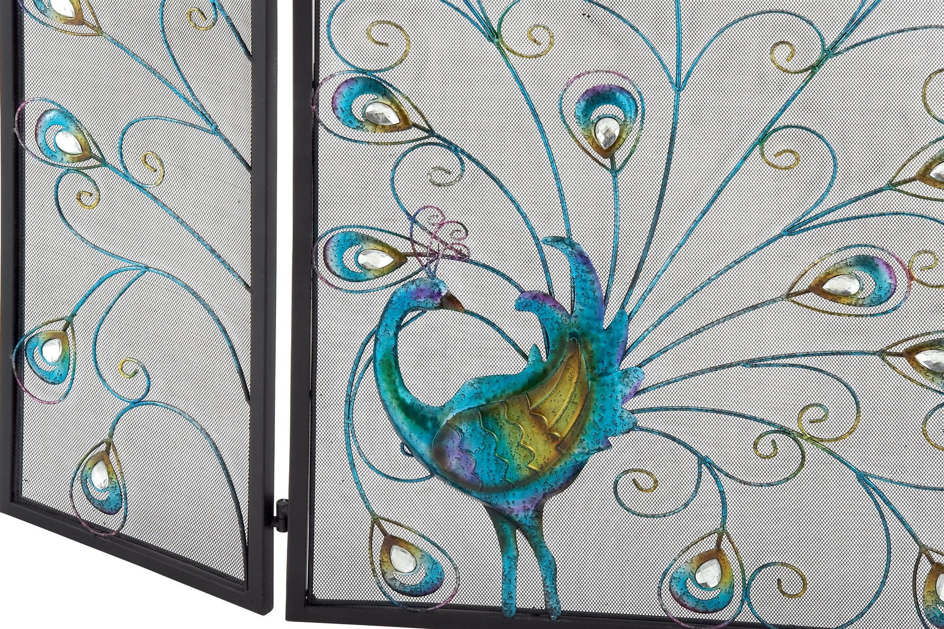 Peacock Blue Metal Rainbow 3 Panel Living Room Fireplace Screen with Crystal Accents and Black Frame