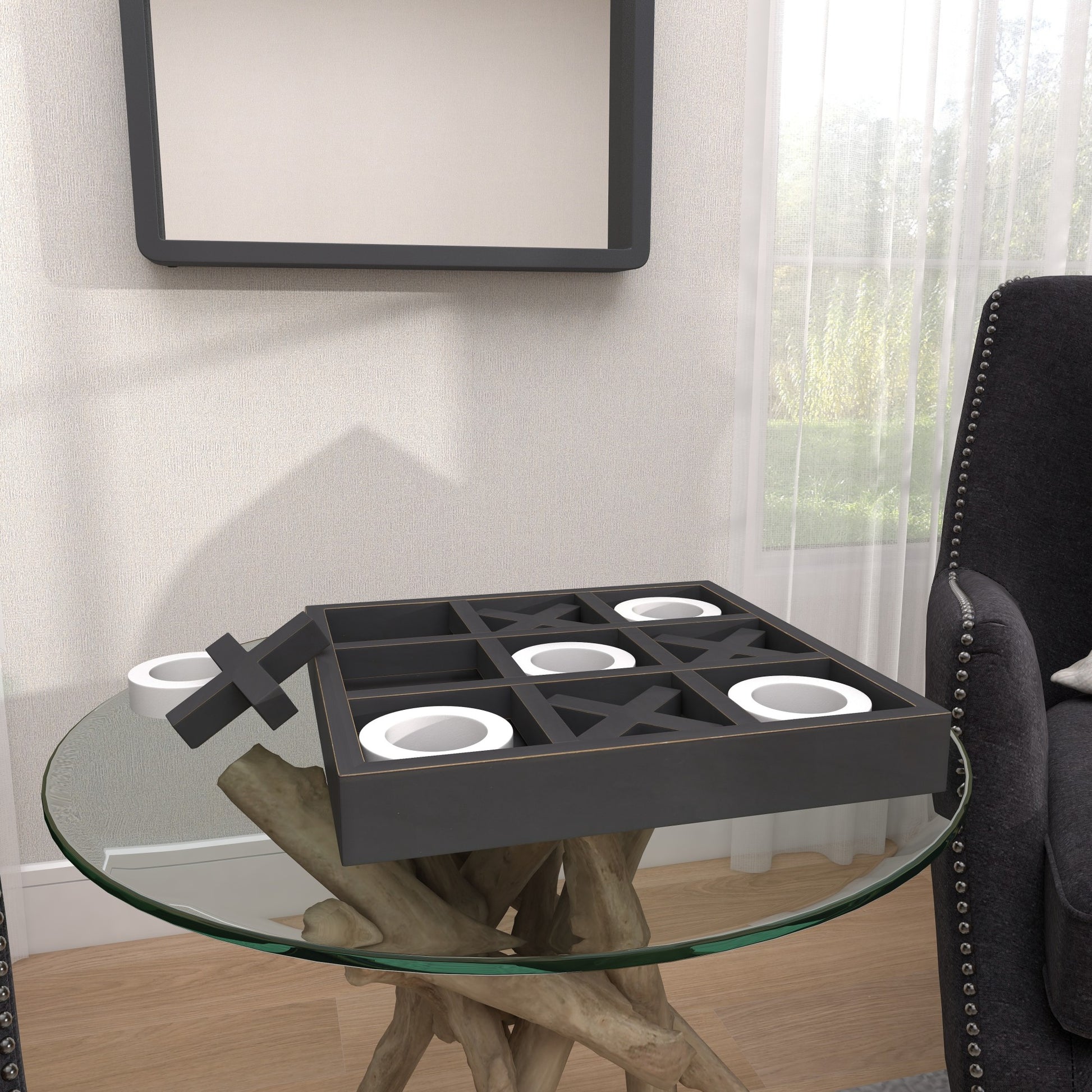Tic Tac Toe Black Wooden Home Decor Game Set with White Os