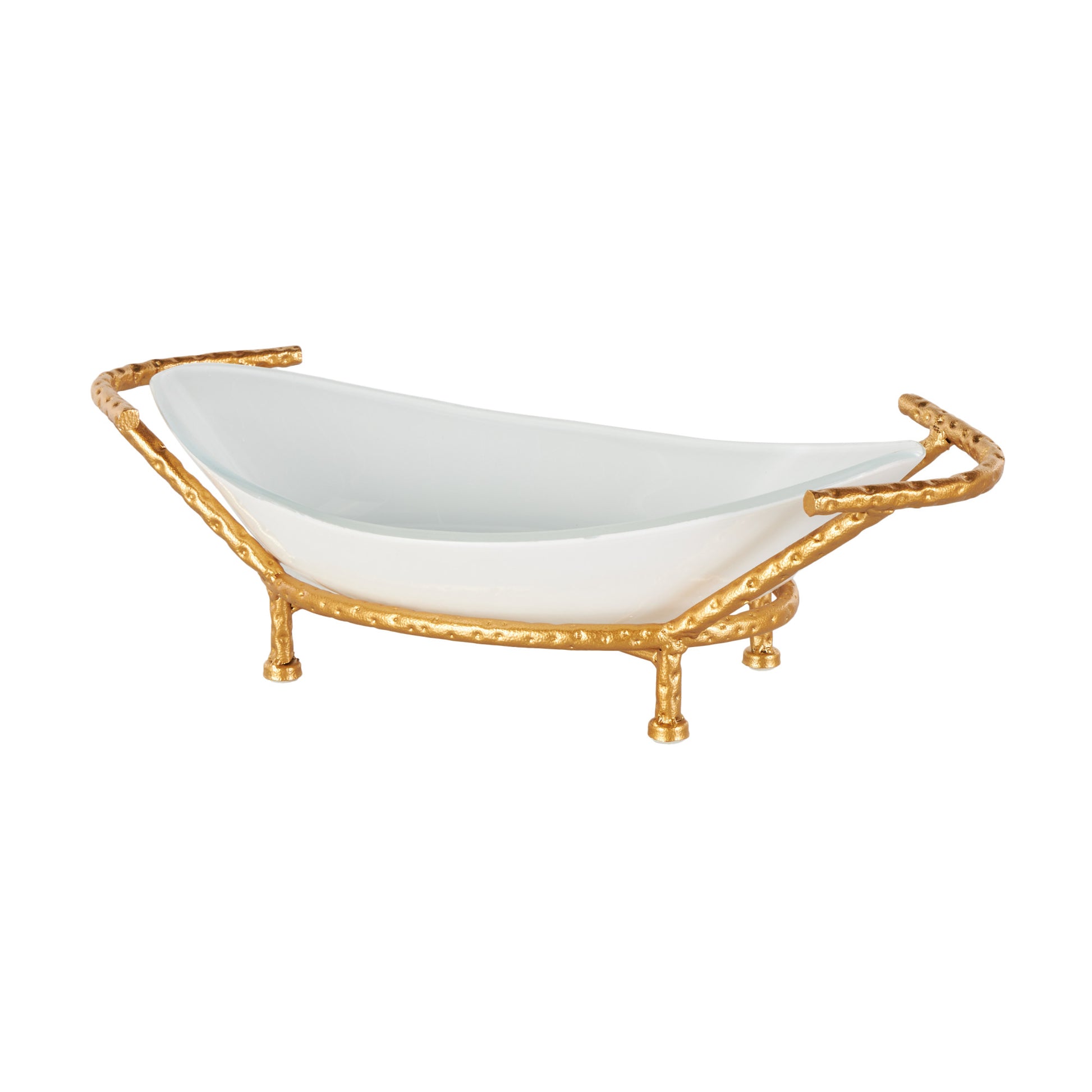 Kitchen White Tempered Glass Decorative Serving Bowl with Gold Metal Stand