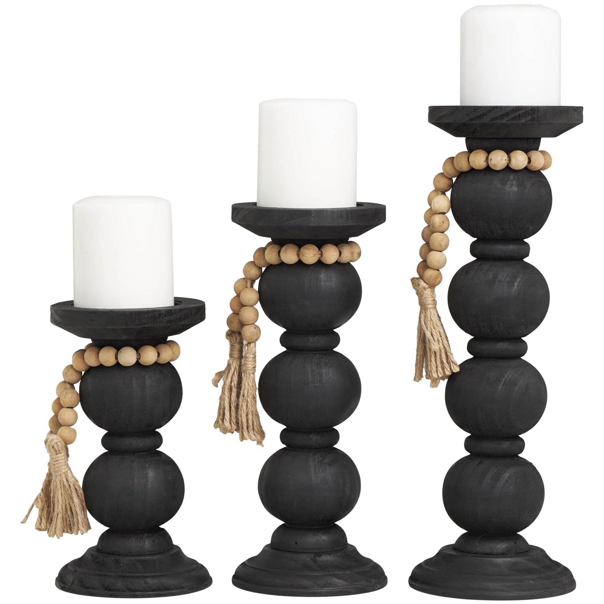 Set of 3 Black Wood Handmade Bubble Inspired Matte Decorative Candle Holder with Beaded Garland Accent