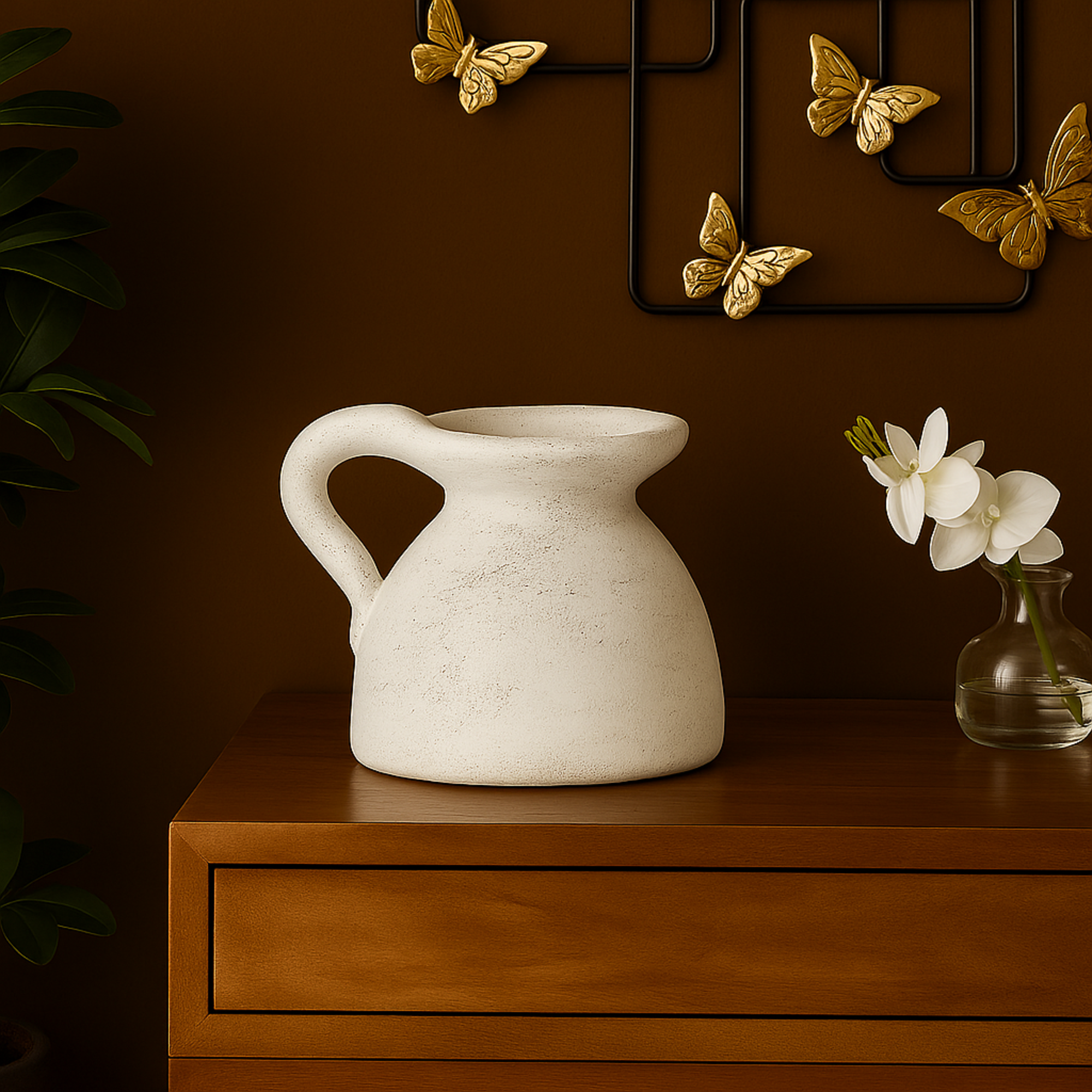 White Ceramic Antique Style Textured Pot Decorative Vase with Handle