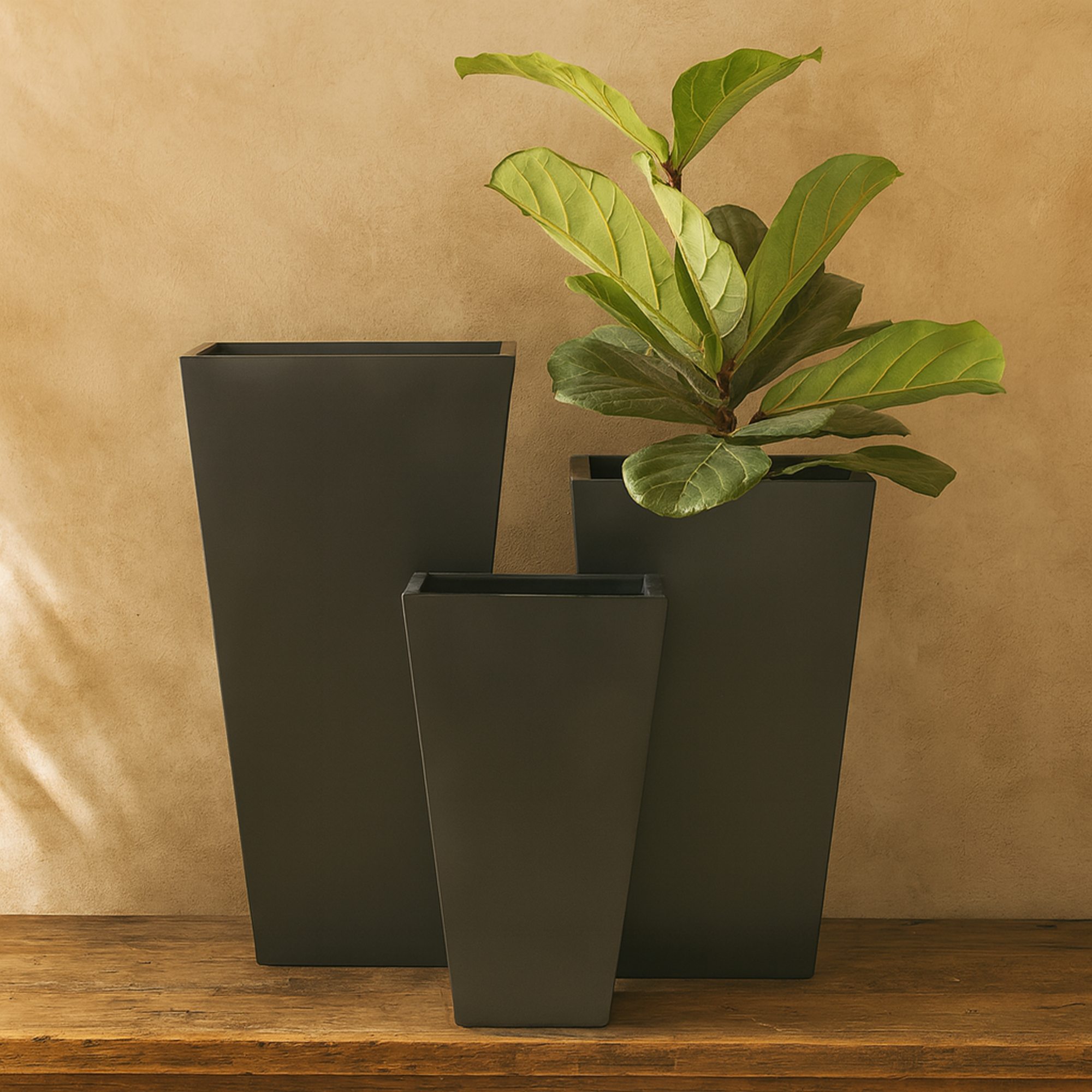 Set of 3 Geometric Metal Light Weight Minimalistic Indoor Outdoor Planter with Tapered Base Set of 3 17", 21", 25"H