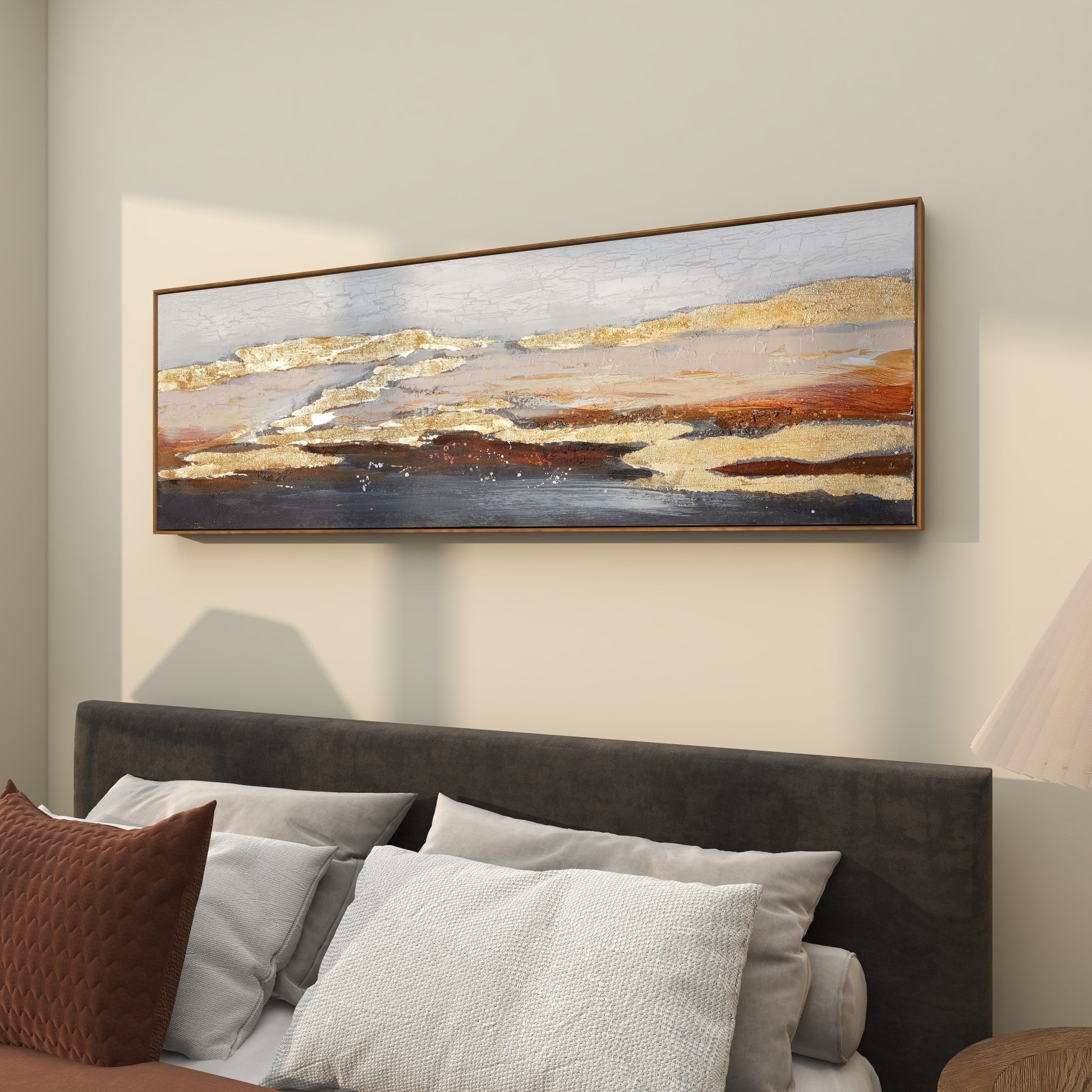 Geode Gold Canvas Foiled and Brushstrokes Living Room Framed Wall Art with Gold Frame