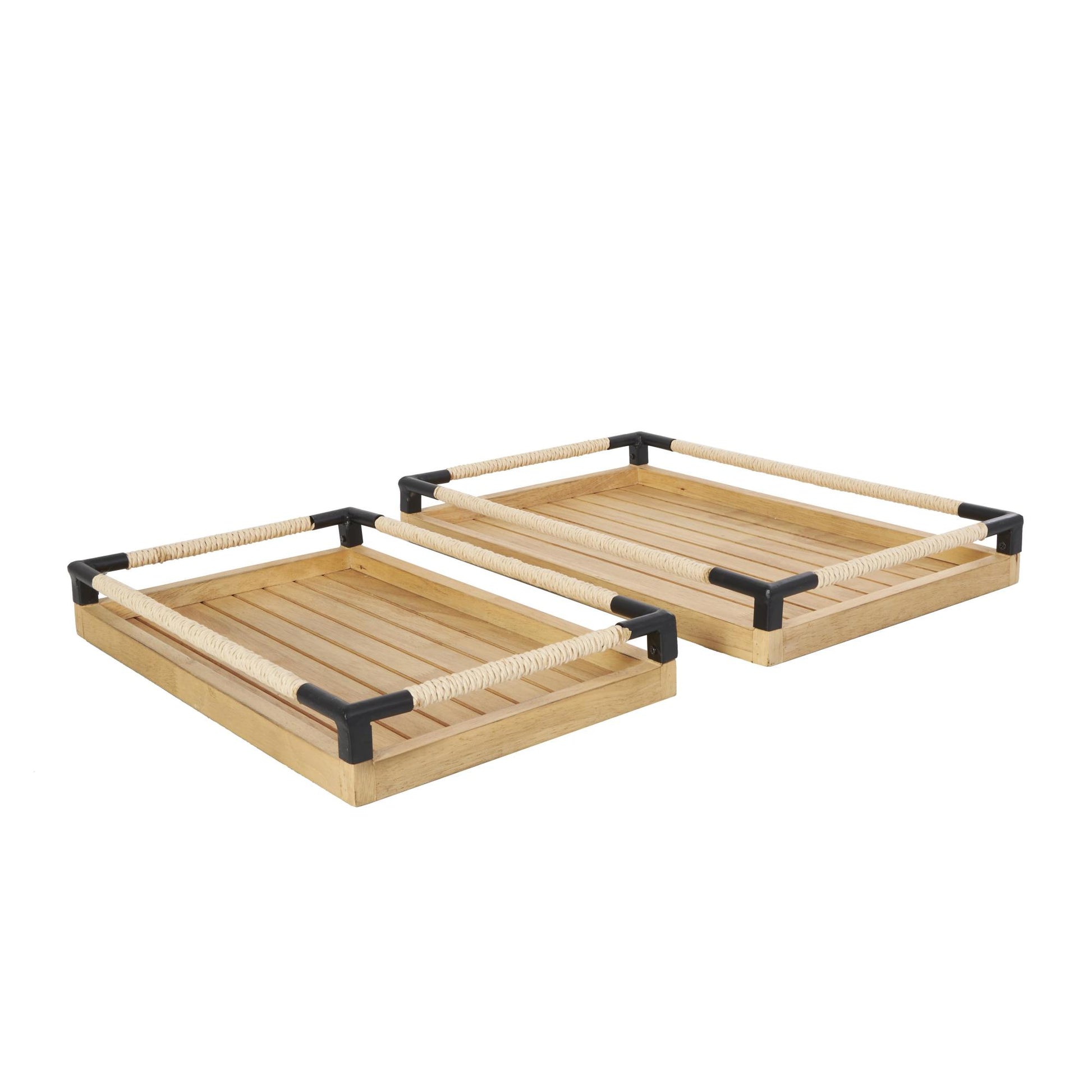Set of 2 Brown Wood Slatted Living Room Decor Tray with Elevated Woven Sides and Black Metal Corners