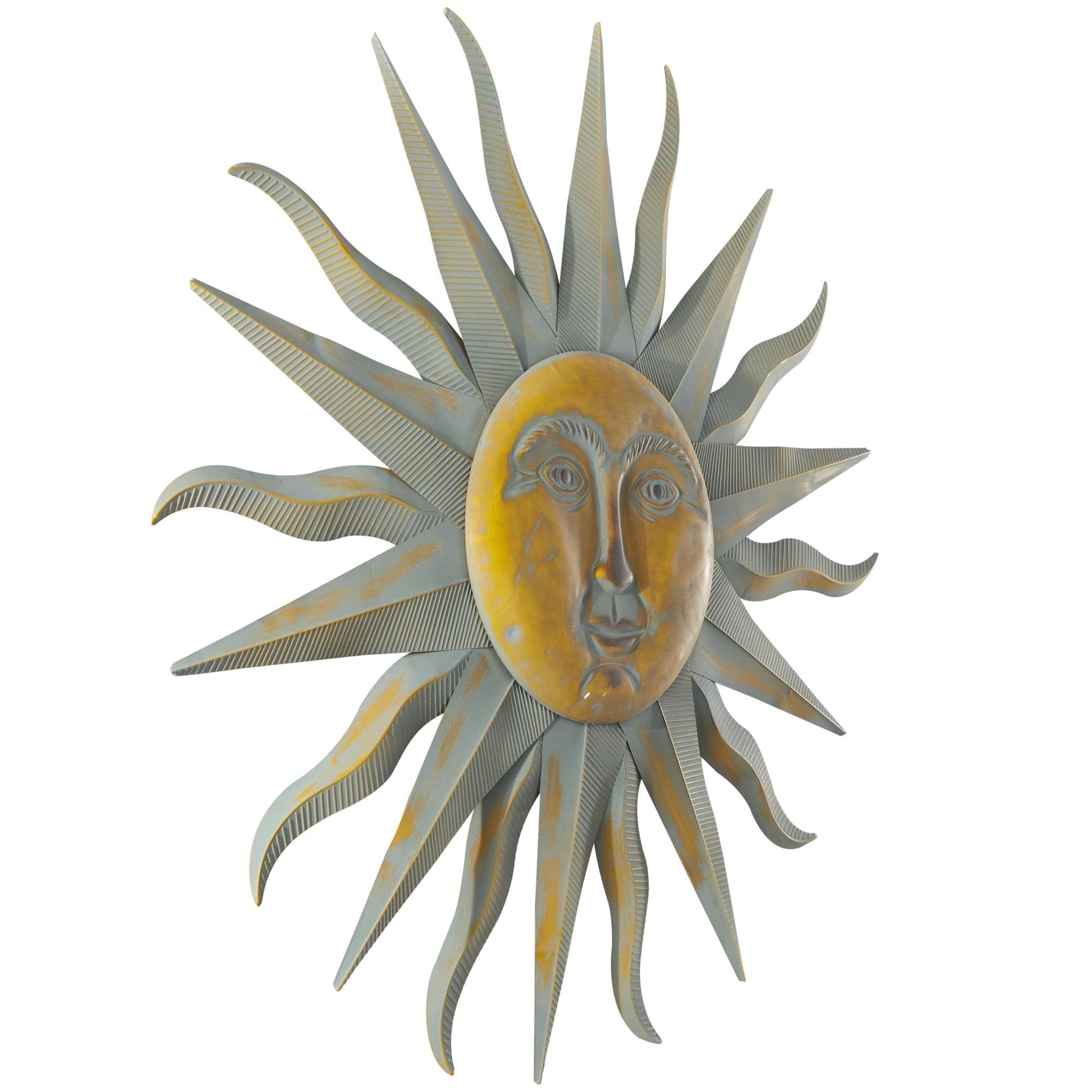 Sun Green Metal Indoor Outdoor Face Home Wall Decor with Grooves and Gold Accents