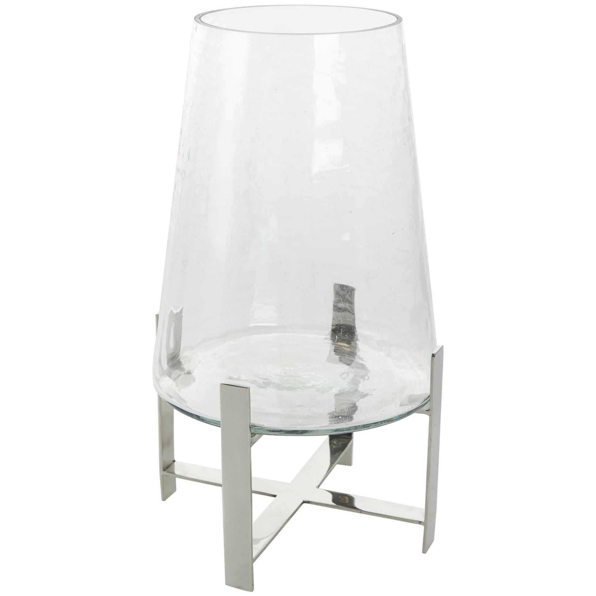 Clear Stainless Steel Metal Room Hurricane Lamp with Stainless Steel X Shaped Base