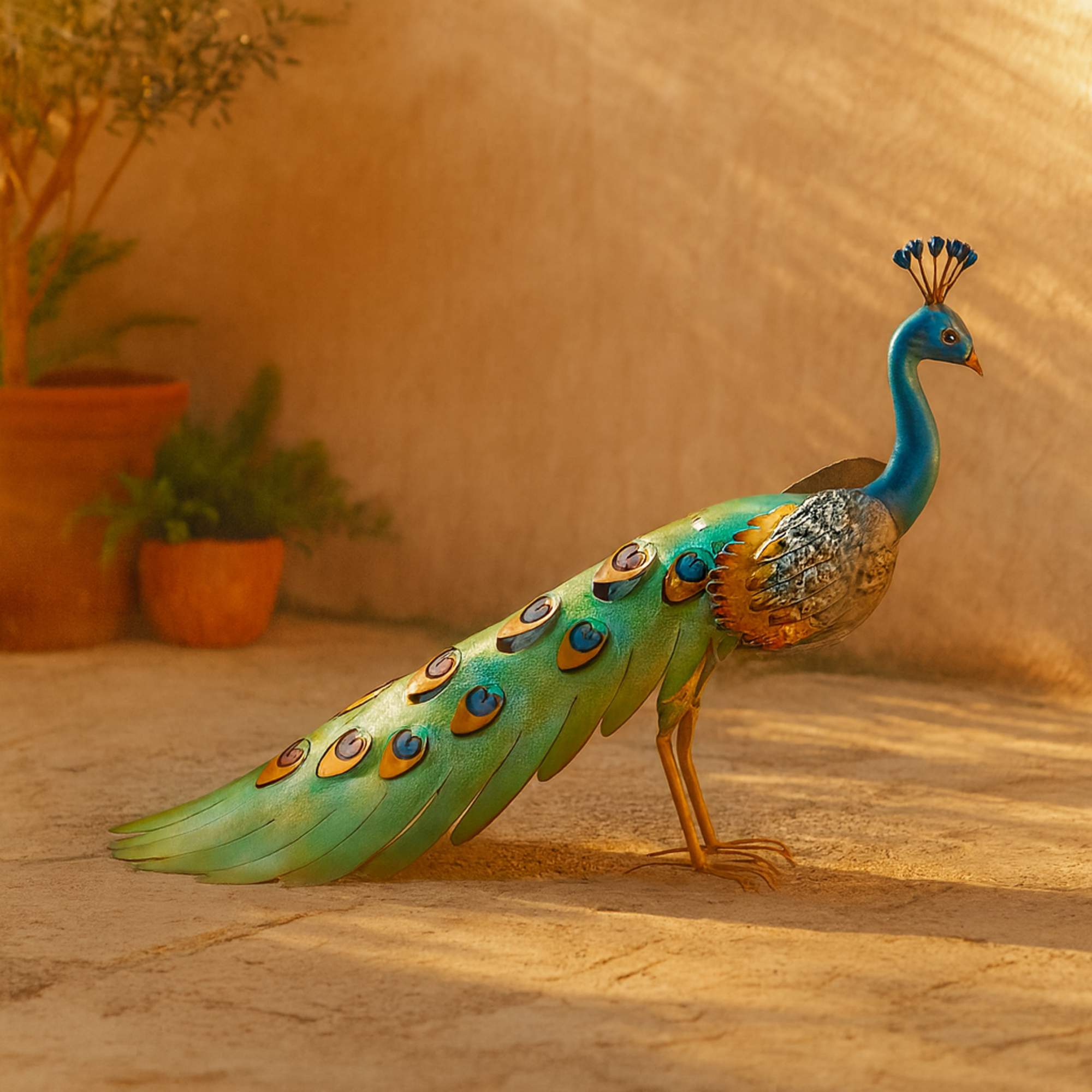 Peacock Blue Metal Decorative Garden Sculpture with Gold Legs and Teal Wings
