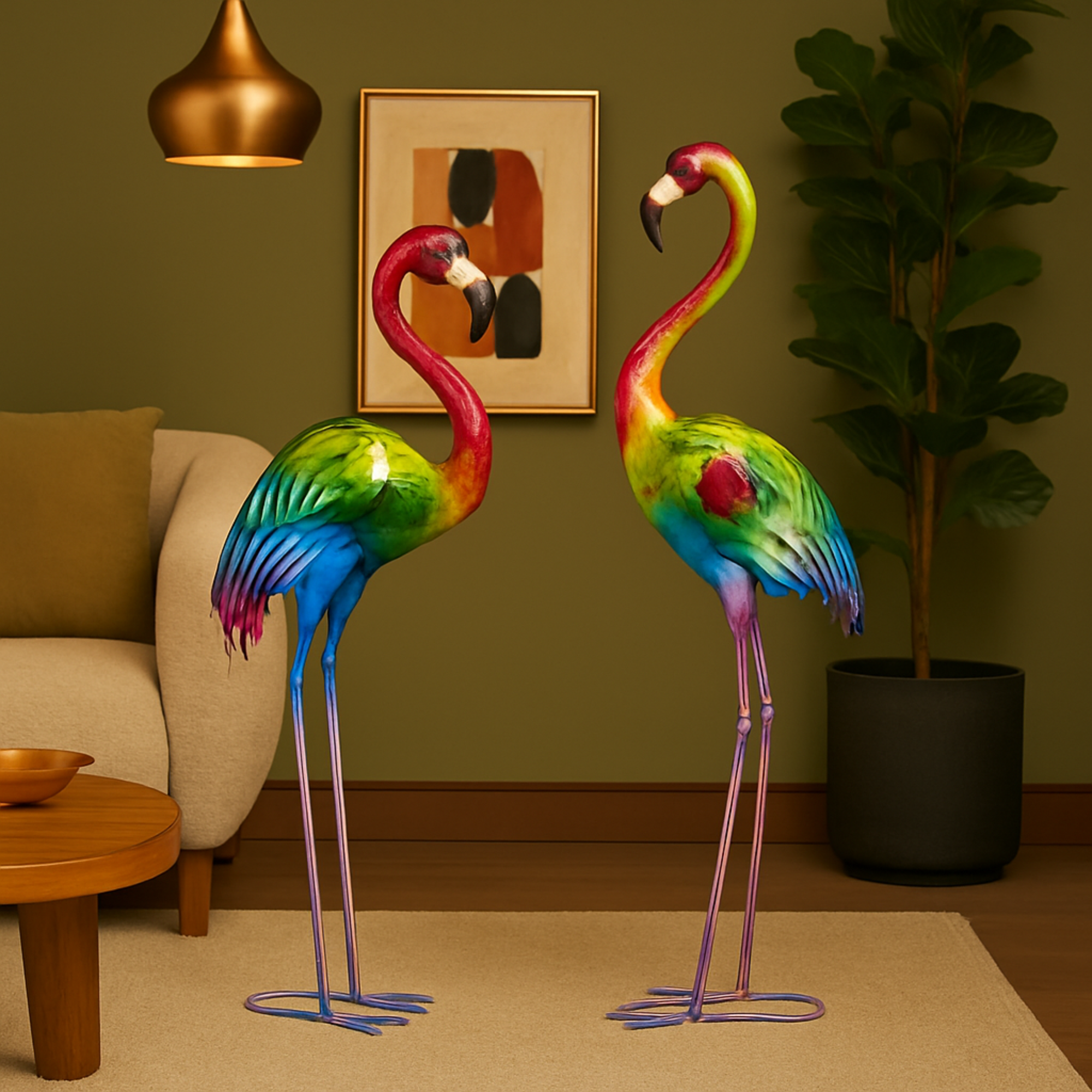 Set of 2 Flamingo Multi Colored Metal Tall Textured Rainbow Decorative Garden Sculpture