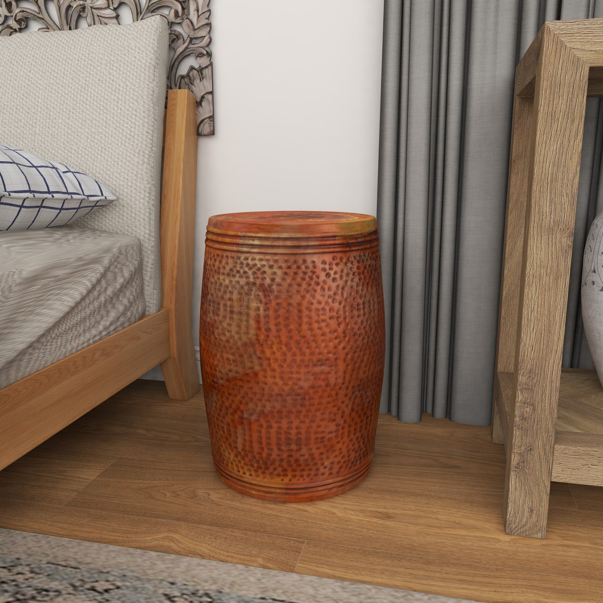 Drum Metal Handmade Side End Accent Table with Hammered Design