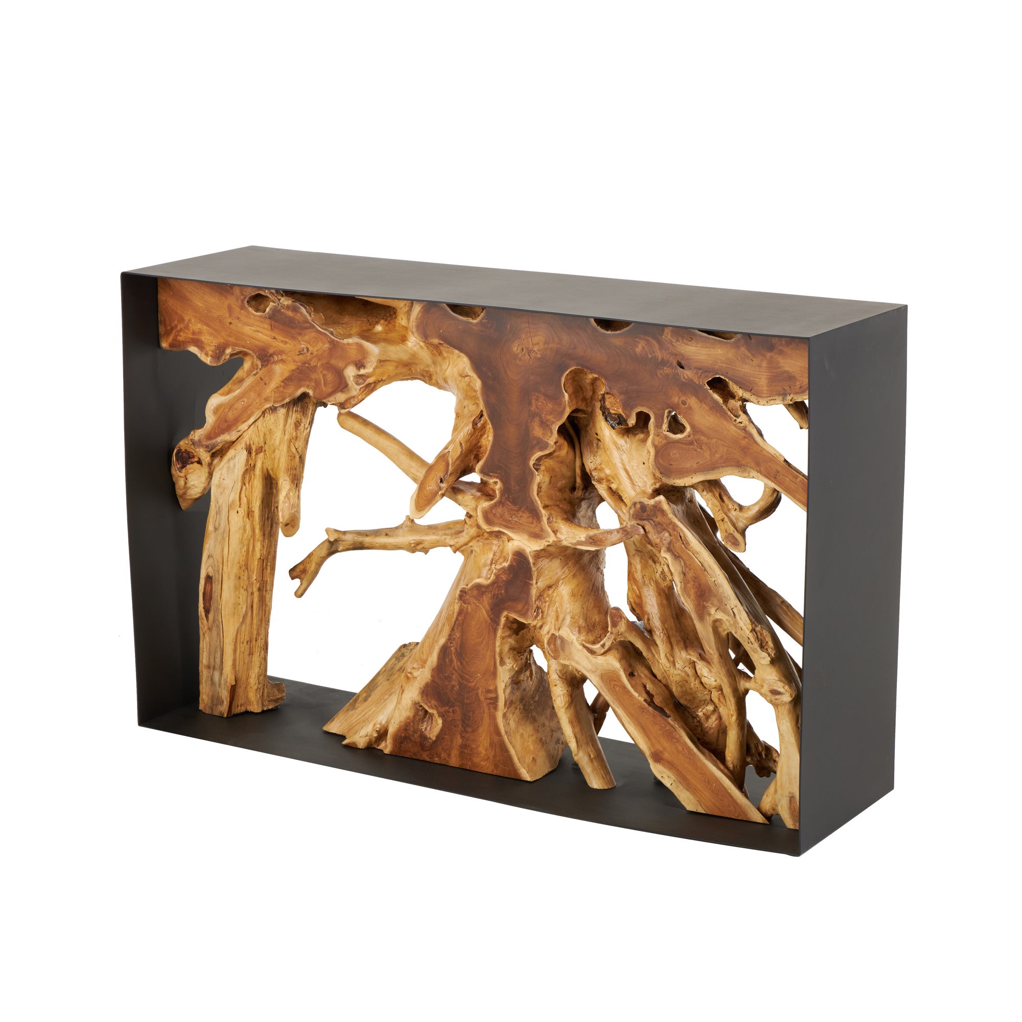 Brown Teak Wood Handmade Live Edge Tree Trunk Living Room Console Table with Black Frame