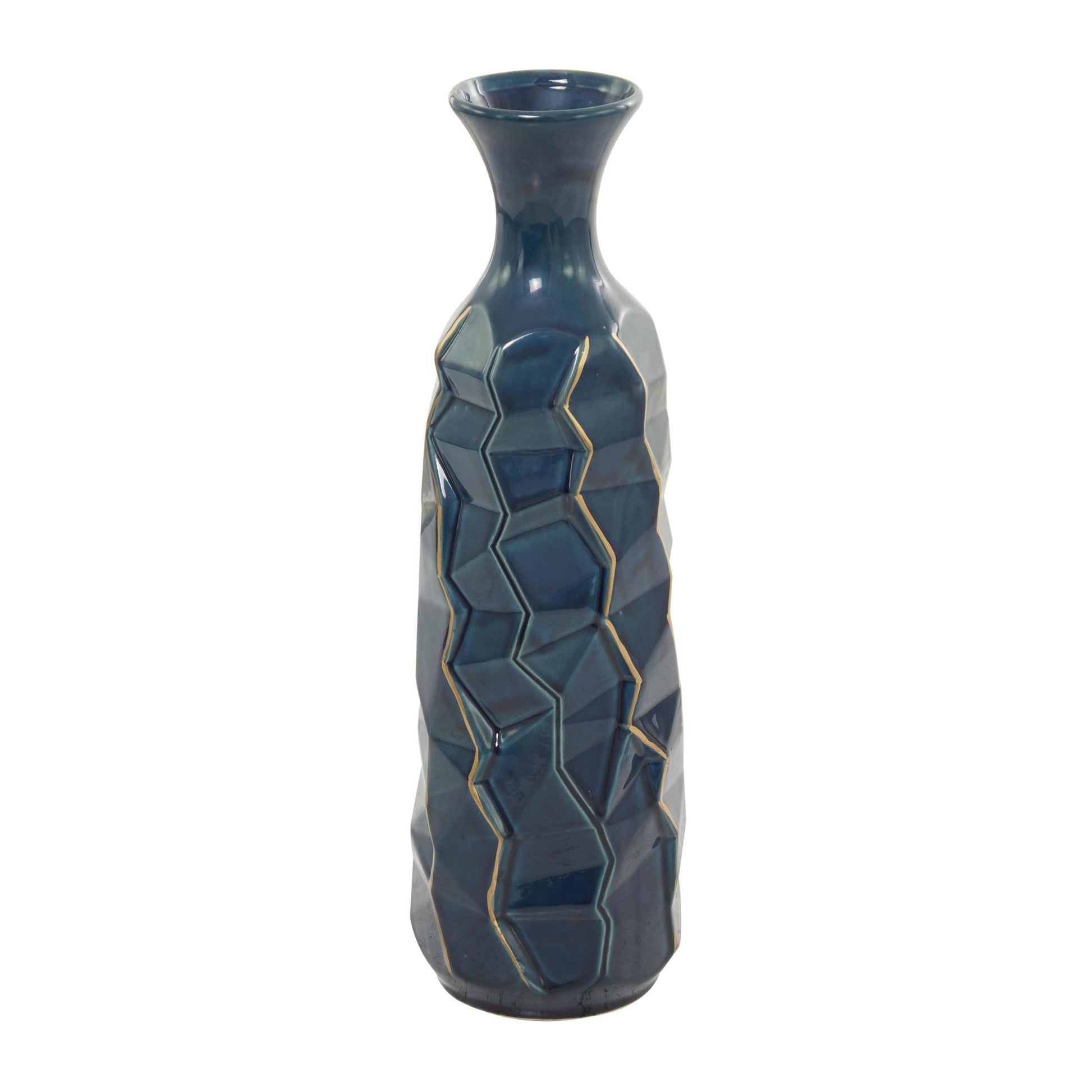 Teal Ceramic Geometric Floor Decorative Vase with Gold Accents