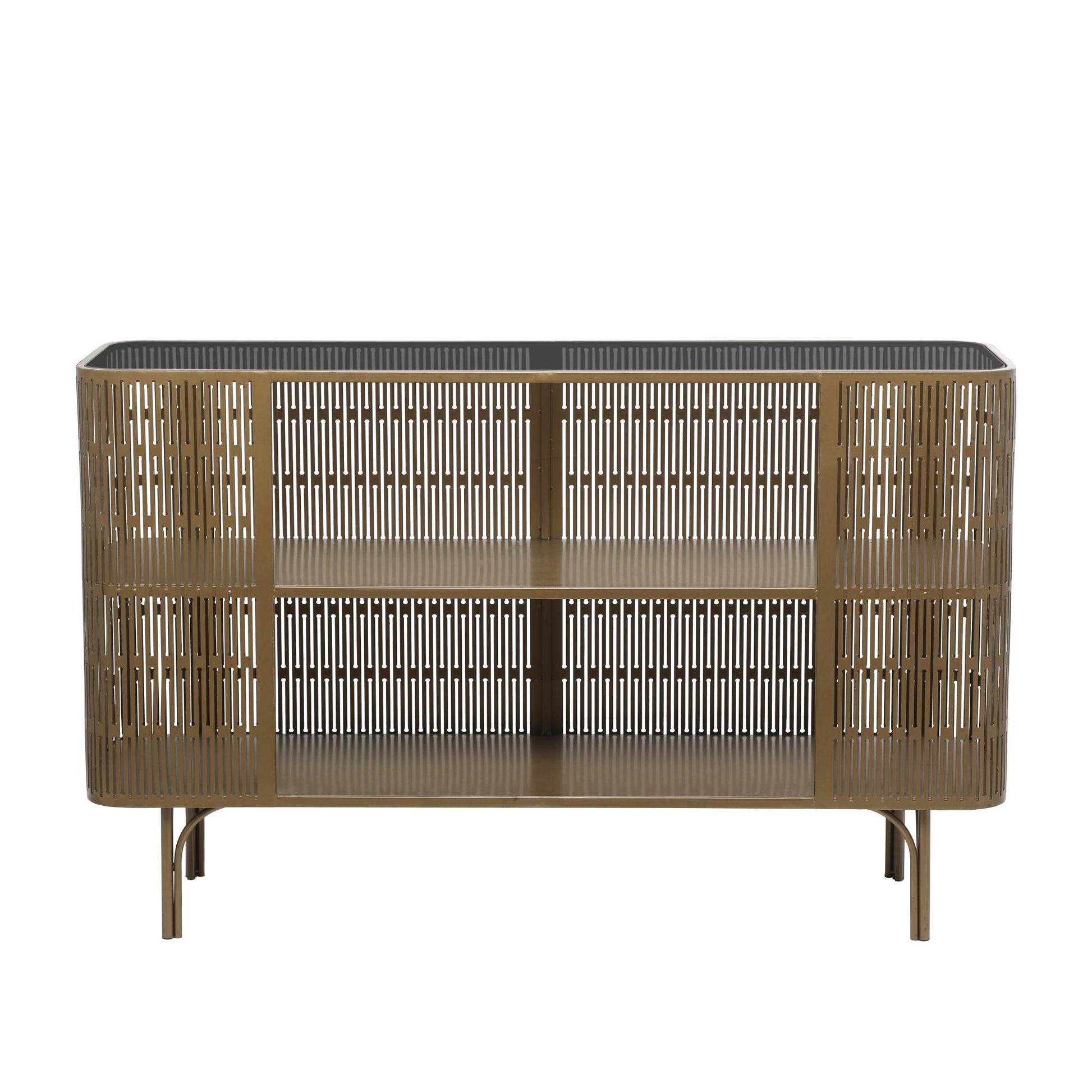 Gold Metal Art Deco Inspired Living Room Console Table with Black Tempered Glass Top