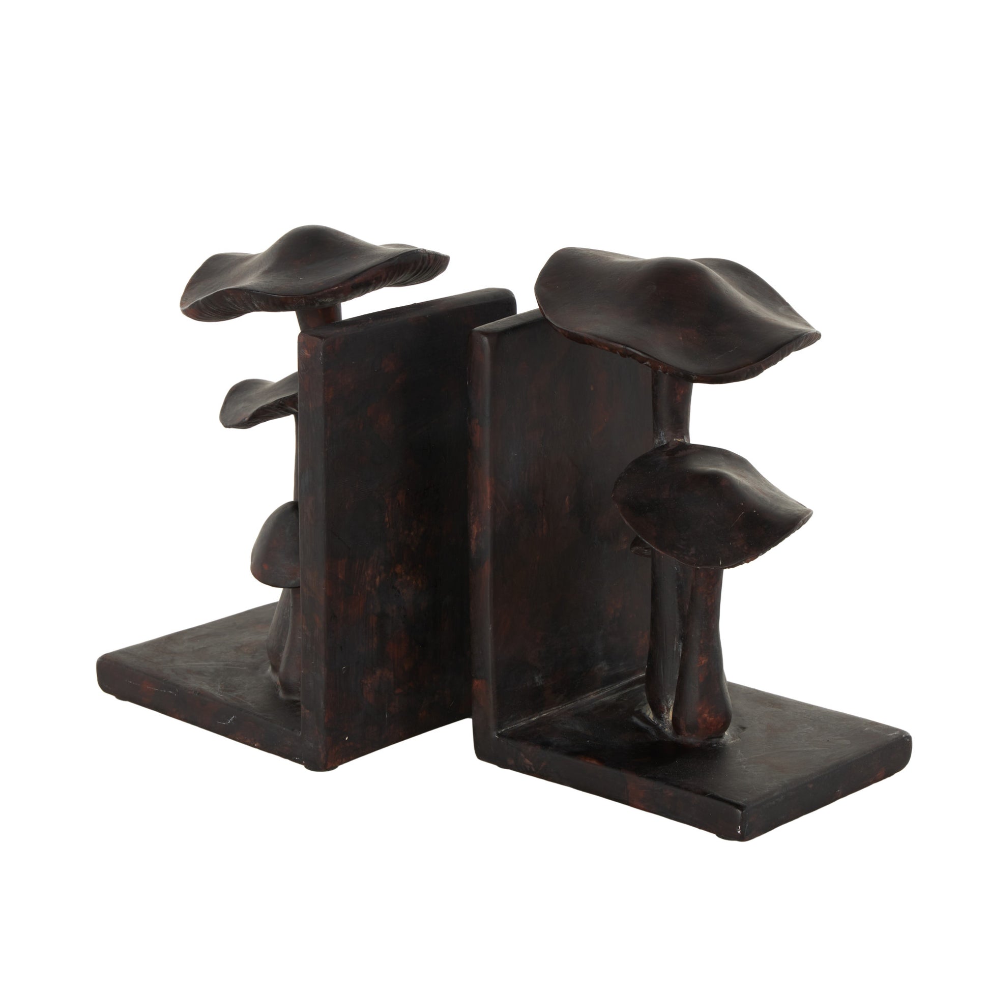 Set of 2 Mushroom Dark Brown Polyresin Decorative Bookends with Copper Shadings