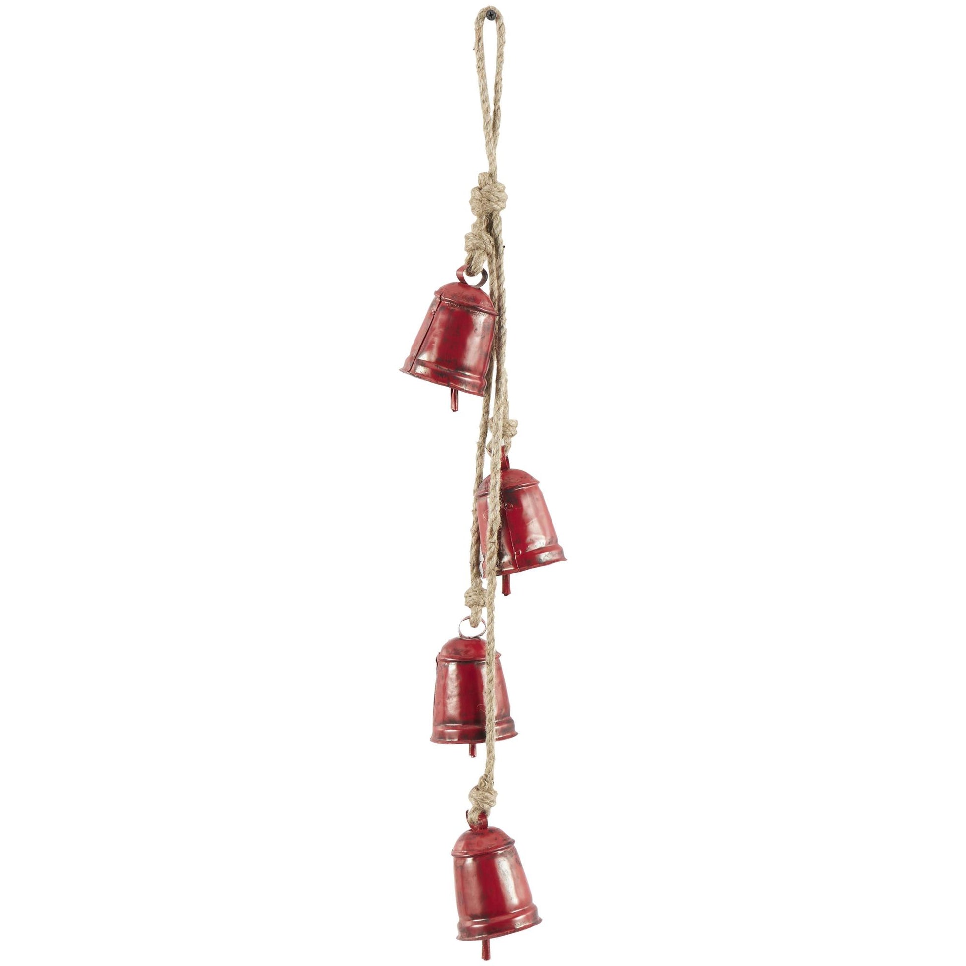 Metal Handmade Tibetan Inspired Indoor Outdoor Decorative Cow Bells with 4 Bells on Jute Hanging Rope