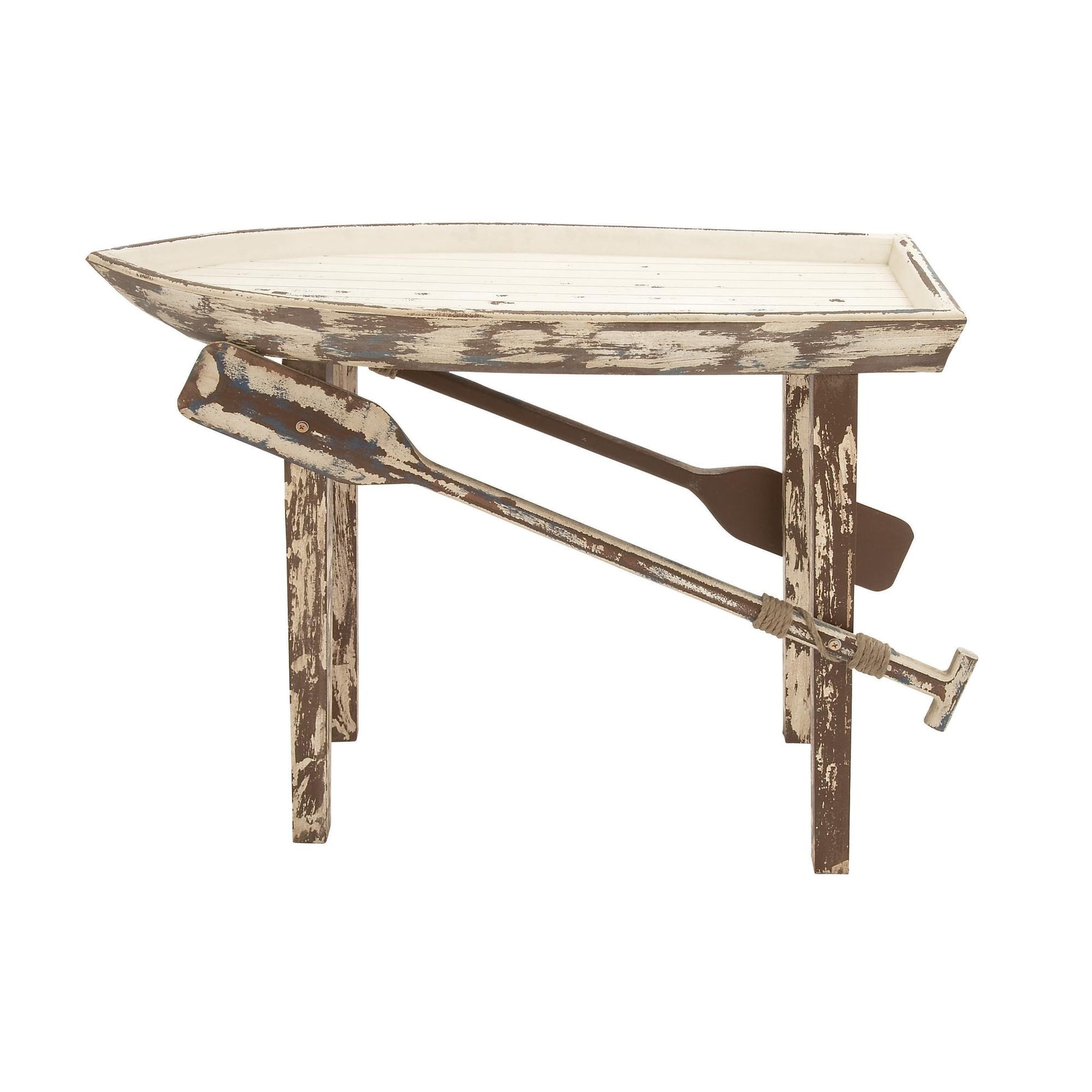 Boat White Wood Distressed Tray Top Side End Accent Table with Oar Detailed Legs