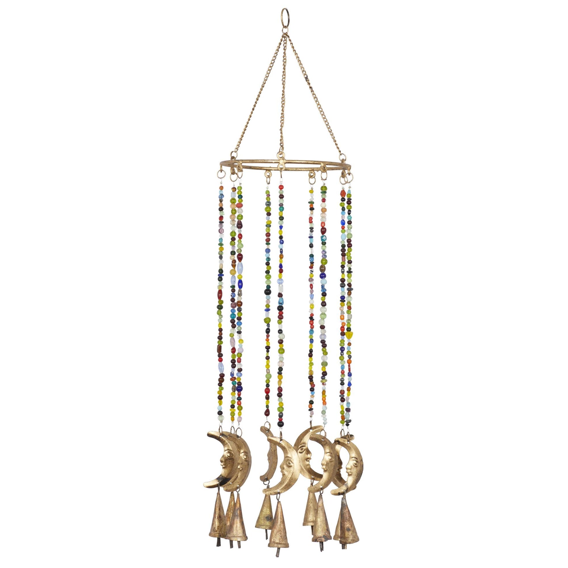 Moon Gold Metal Indoor Outdoor Windchime with Glass Beads and Cone Bells