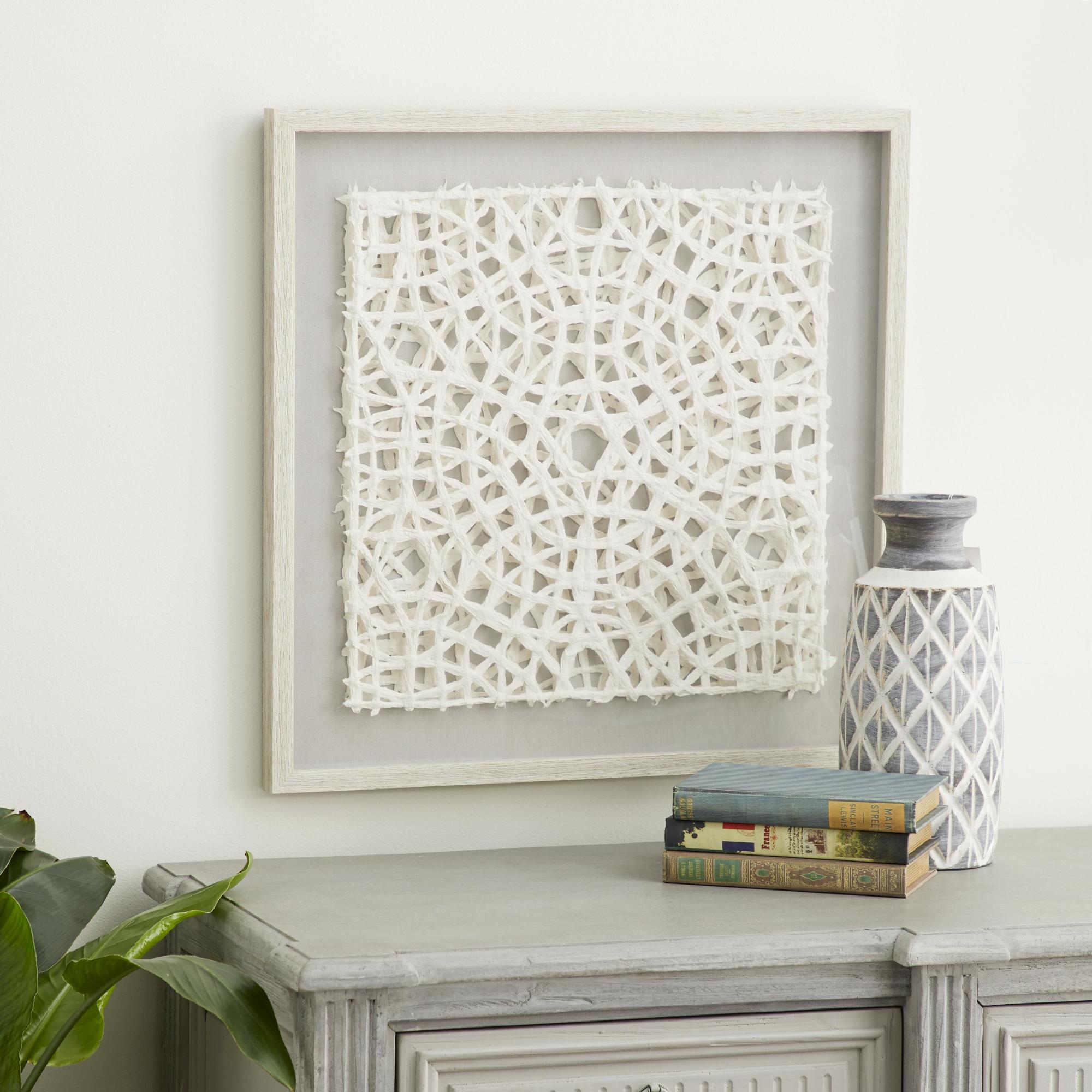 Abstract White Paper Handmade Layered 3D Lace Home Shadow Box with Gray Canvas Backing