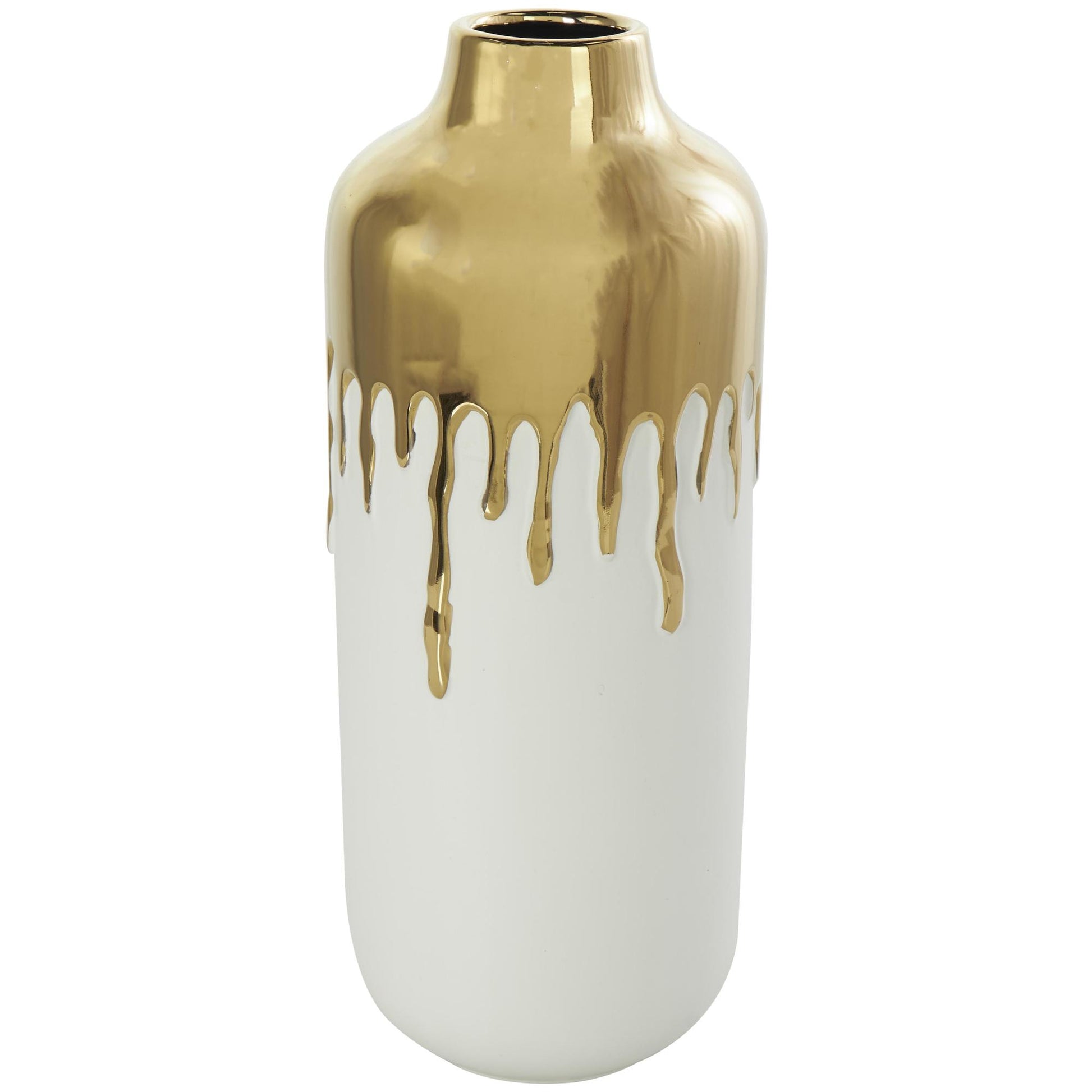 CosmoLiving by Cosmopolitan Abstract White Ceramic Decorative Vase with Abstract Gold Melting Drips