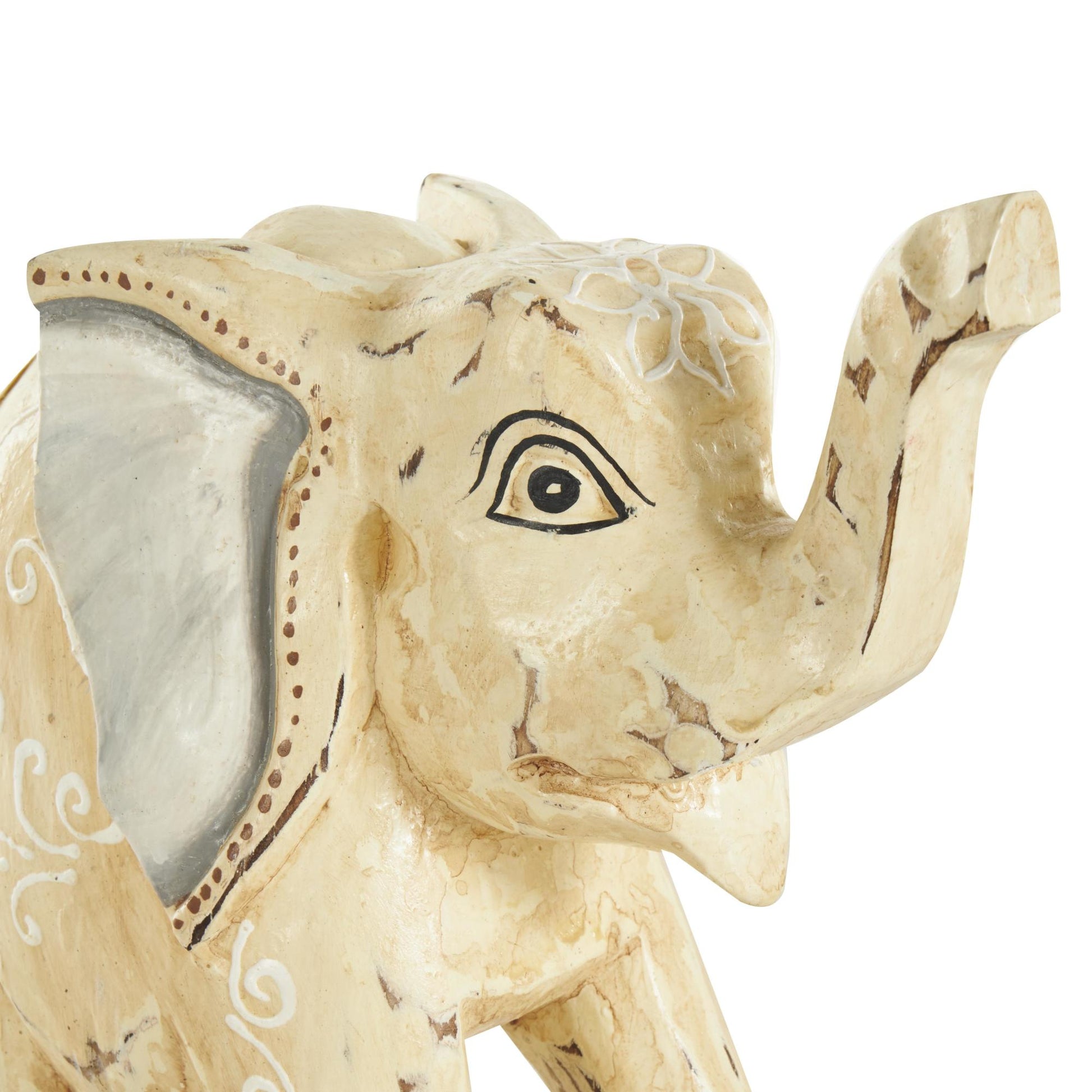 Set of 3 Elephant Light Brown Wood Handmade Decorative Sculpture with Scroll and Floral Patterns