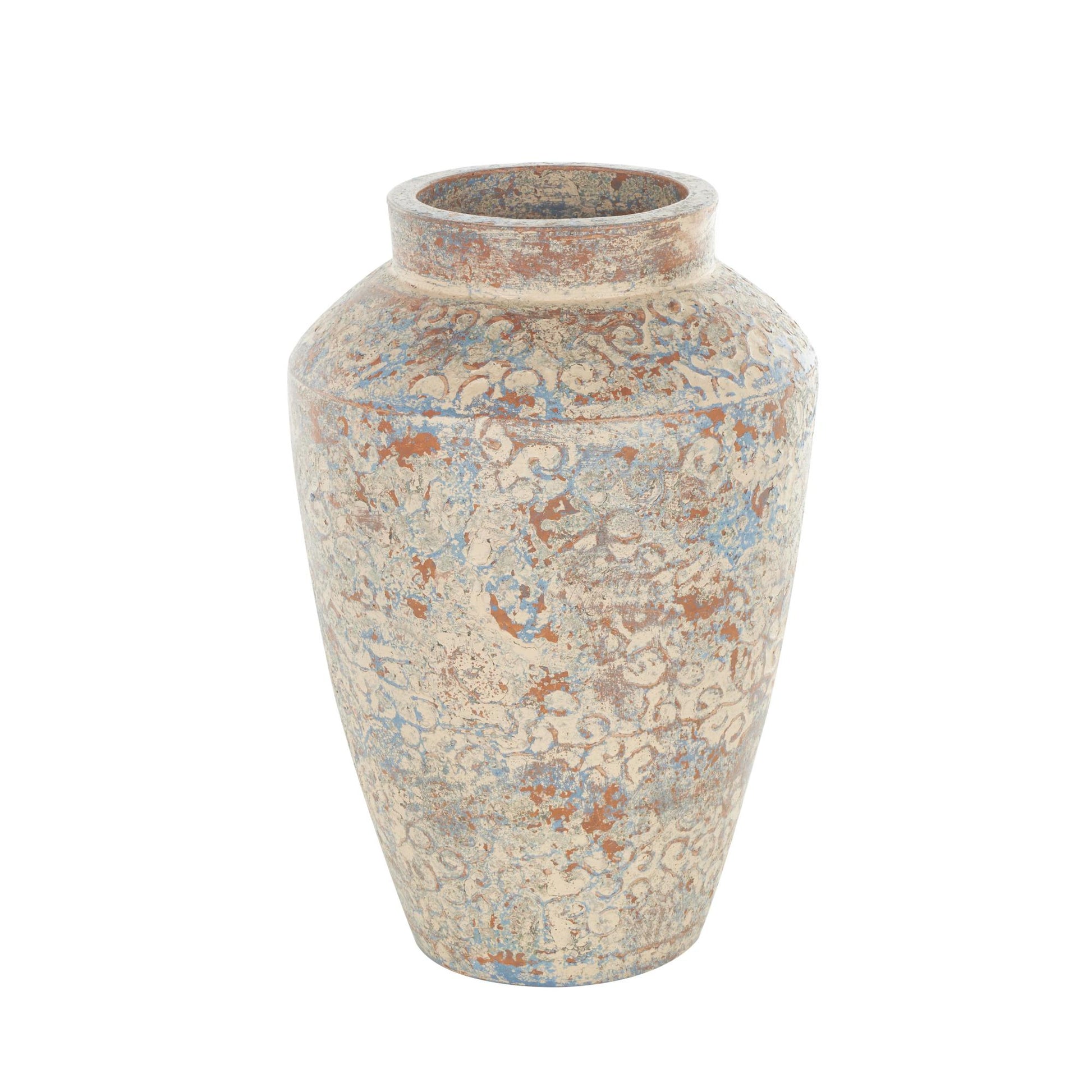 Scroll Beige Ceramic Handmade Antique Style Decorative Vase with Blue and Copper Accents