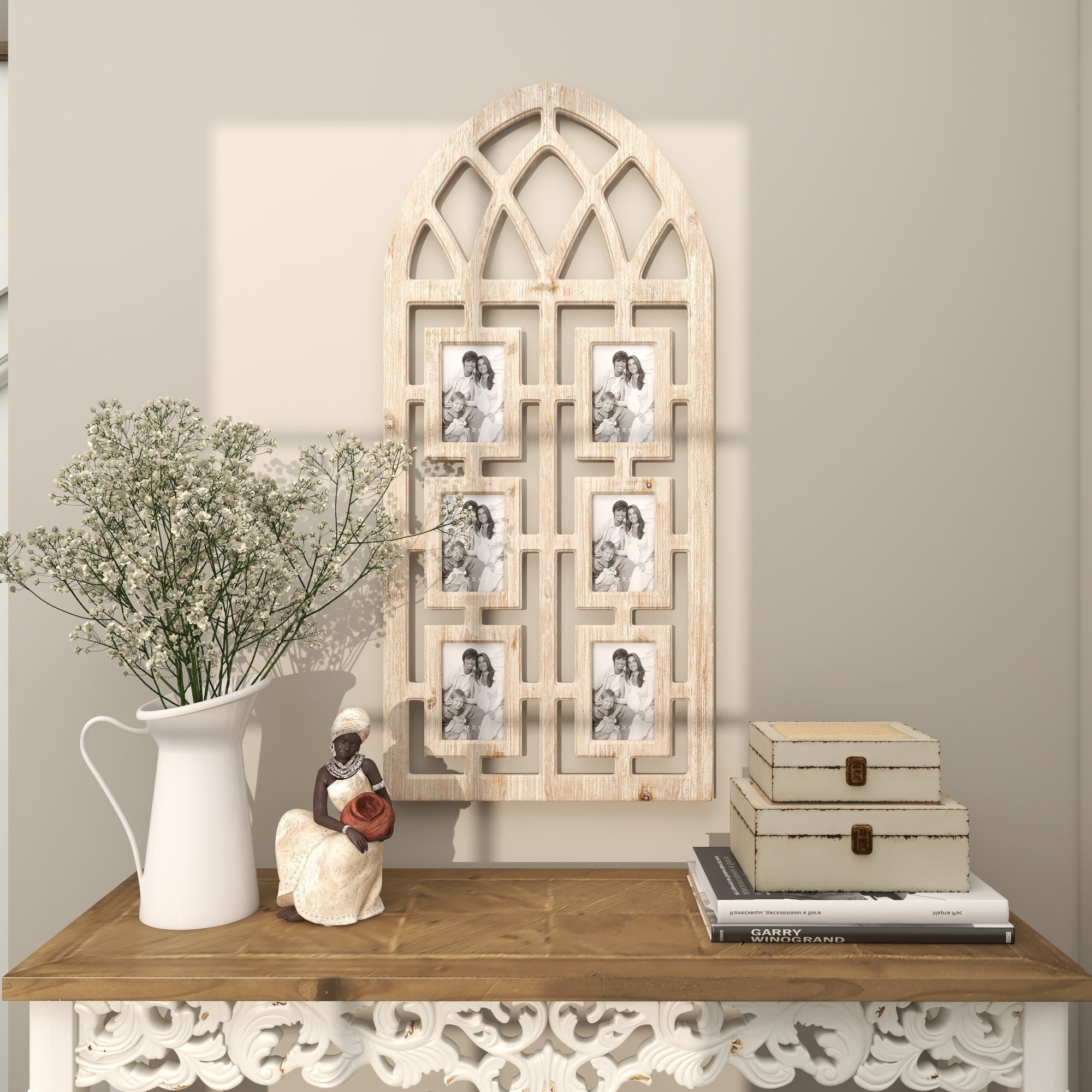 Light Brown Wooden 6 Slot Ornate Wall Photo Frame with Window Arch Shape