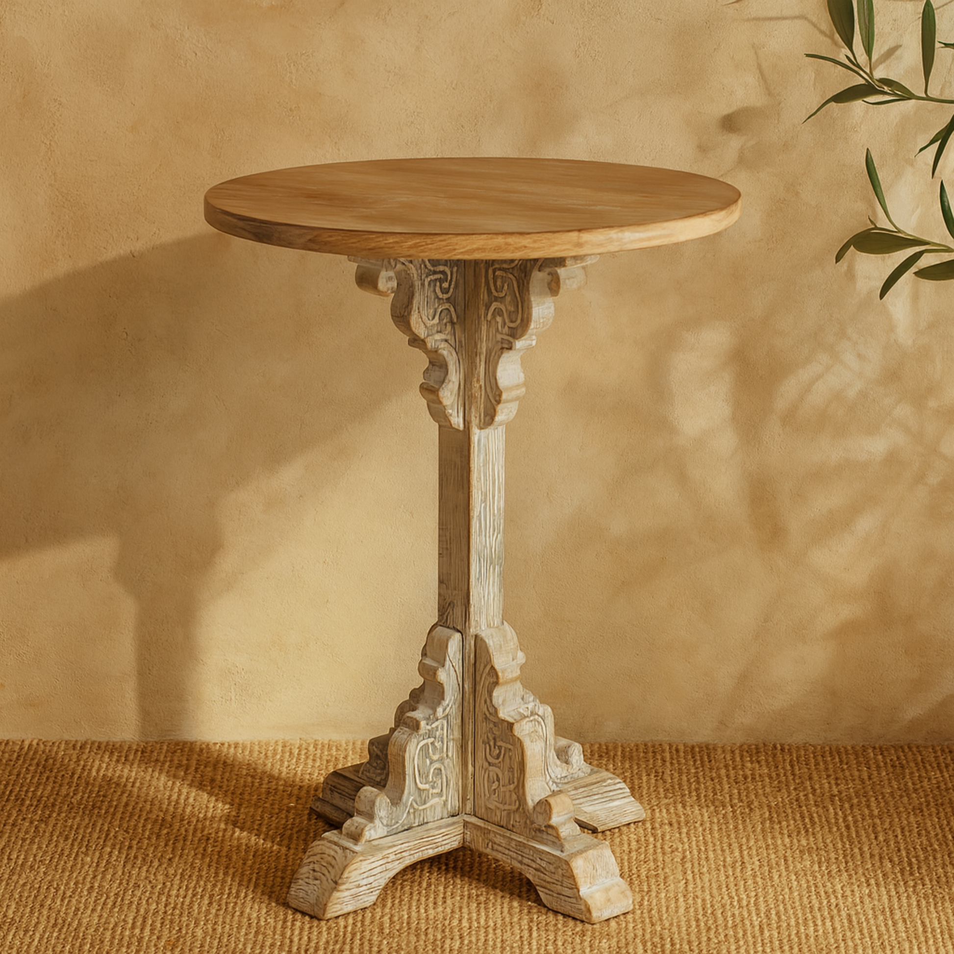 Scroll Wood Distressed Pedestal Side End Accent Table with Brown Wood Top 16" x 16" x 23"