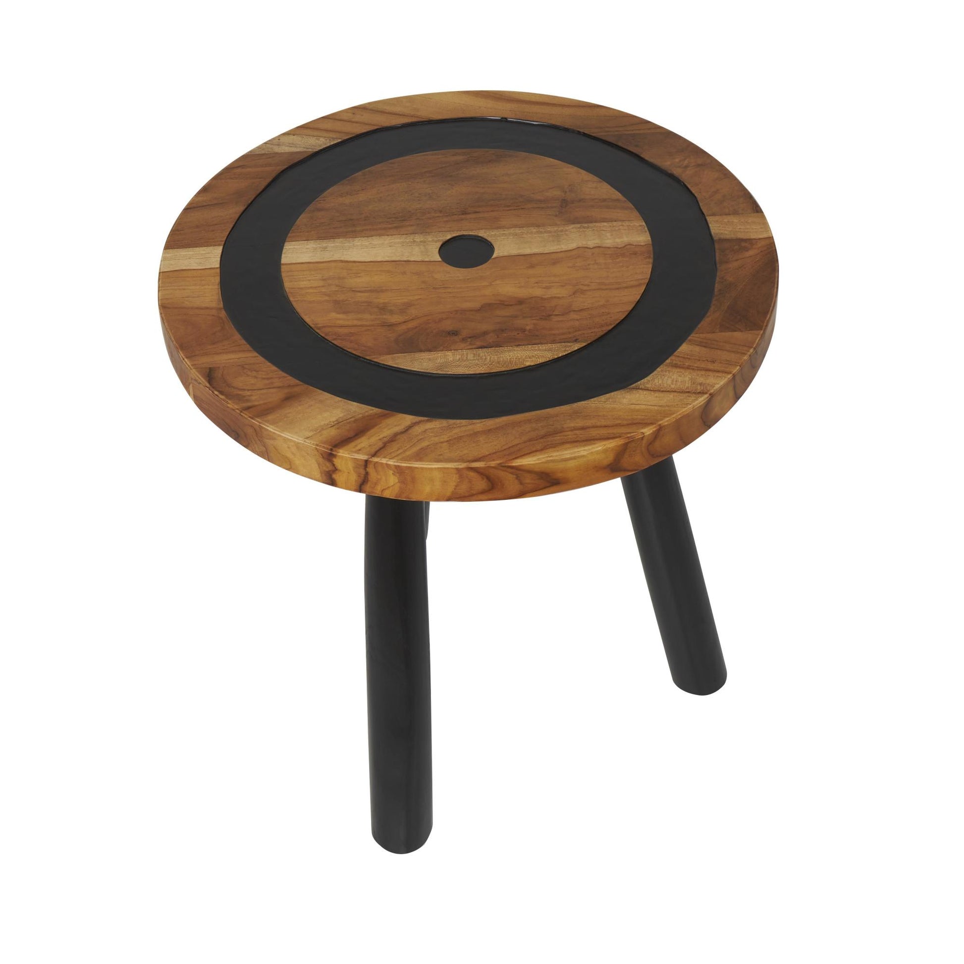Geometric Brown Teak Wood Layered Circle Side End Accent Table with Black Legs