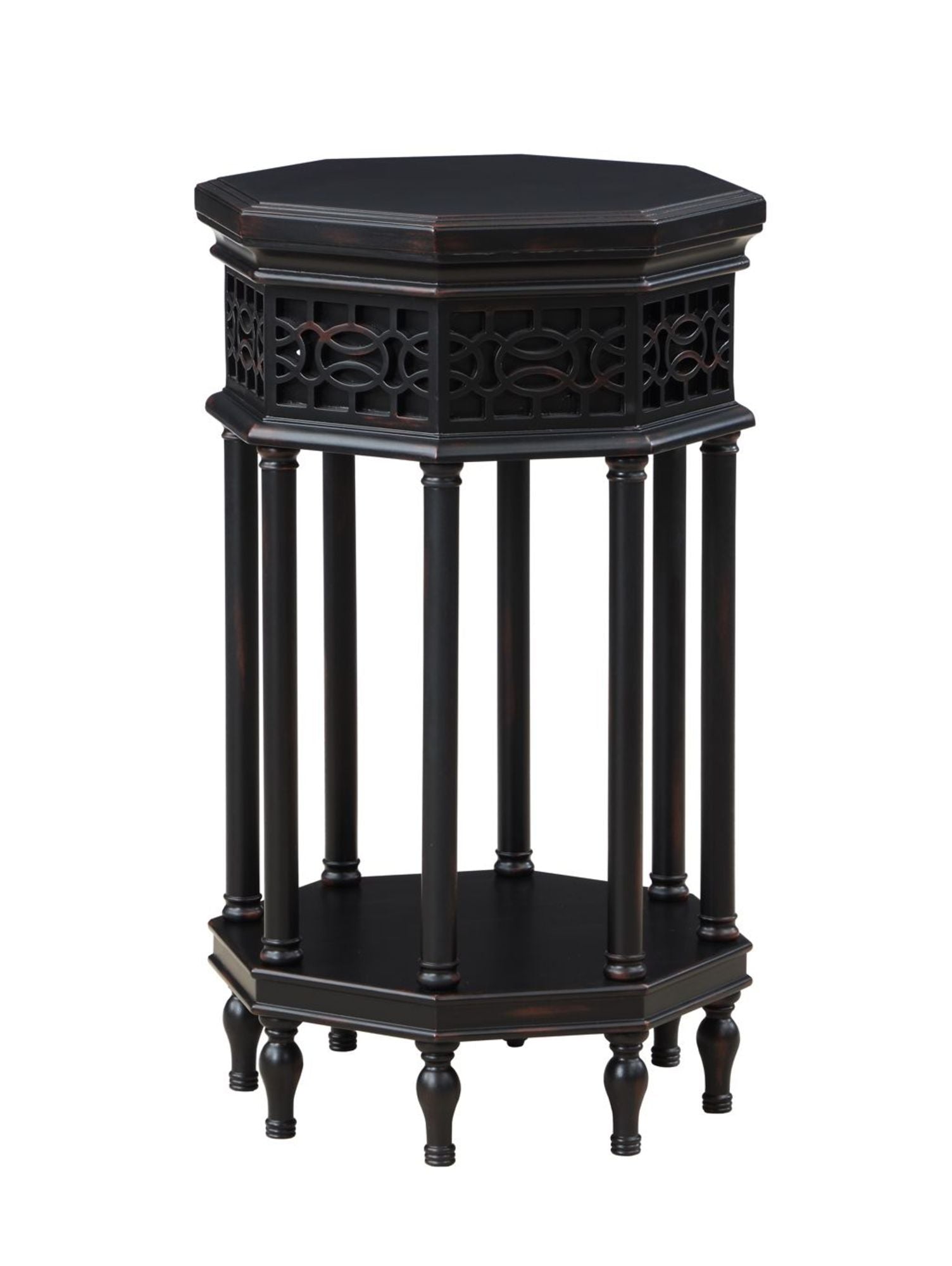 Geometric Black Wooden Octagon Side End Accent Table with Elegant Carved Pattern and 8 Turned Pillar Legs