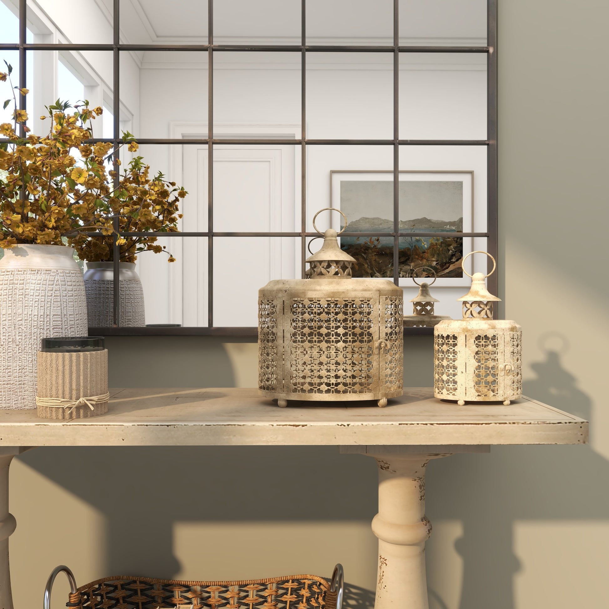 Set of 2 Floral Beige Metal Antique Distressed Oval Cutout Indoor Outdoor Candle Lantern