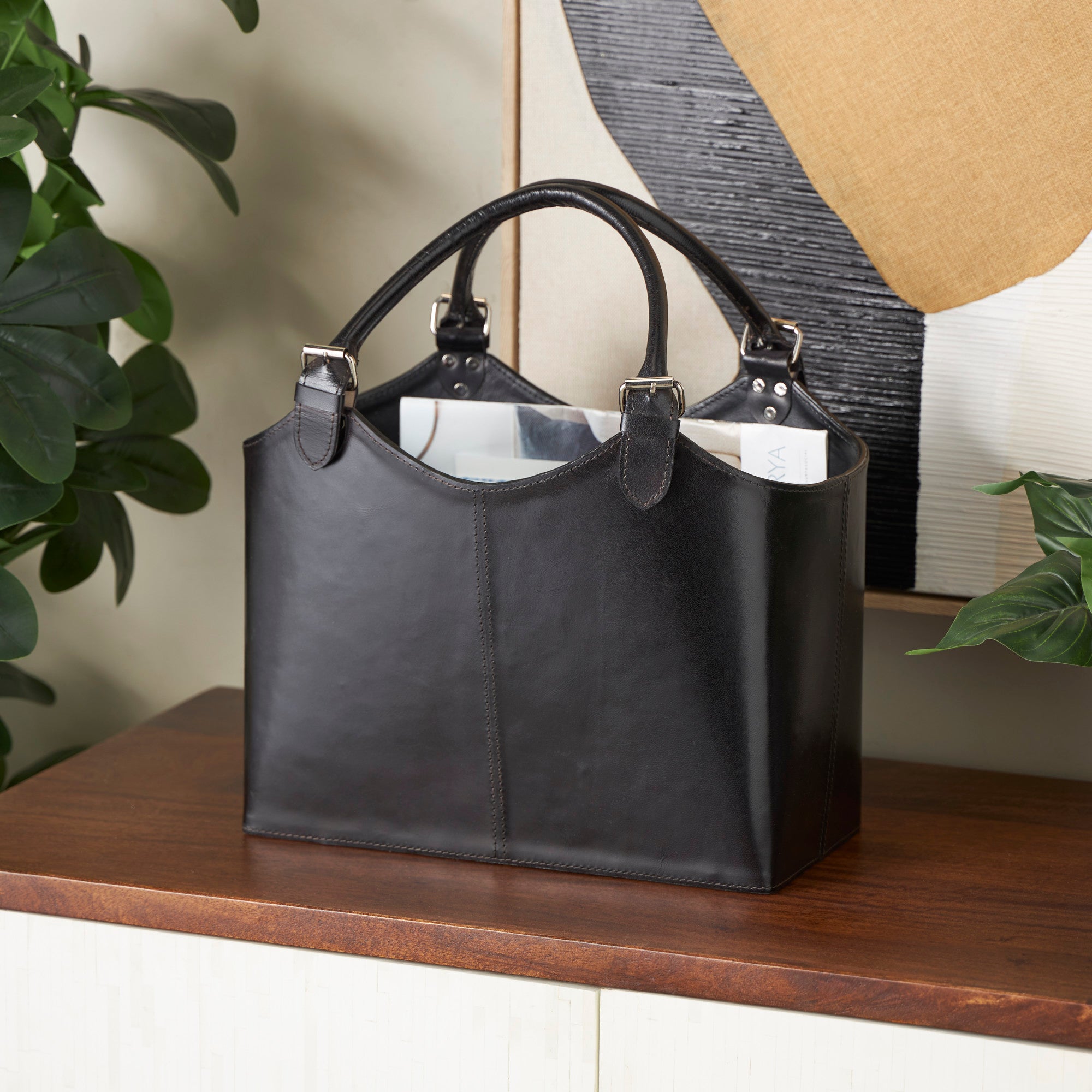 Leather Handmade Box Style Decorative Magazine Holder with Detail Stitching and Curved Buckle Handles