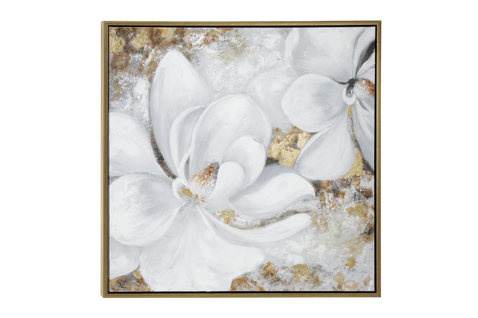 Floral White Canvas Handmade Living Room Framed Wall Art with Gold Frame