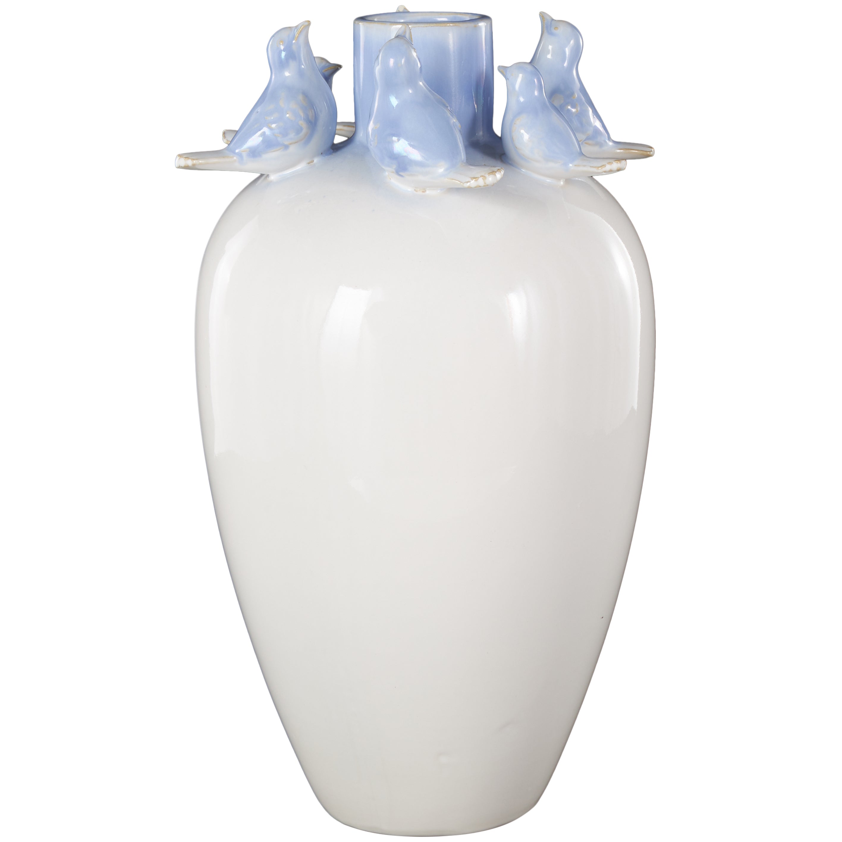 Bird White Ceramic Decorative Vase with Blue Accents