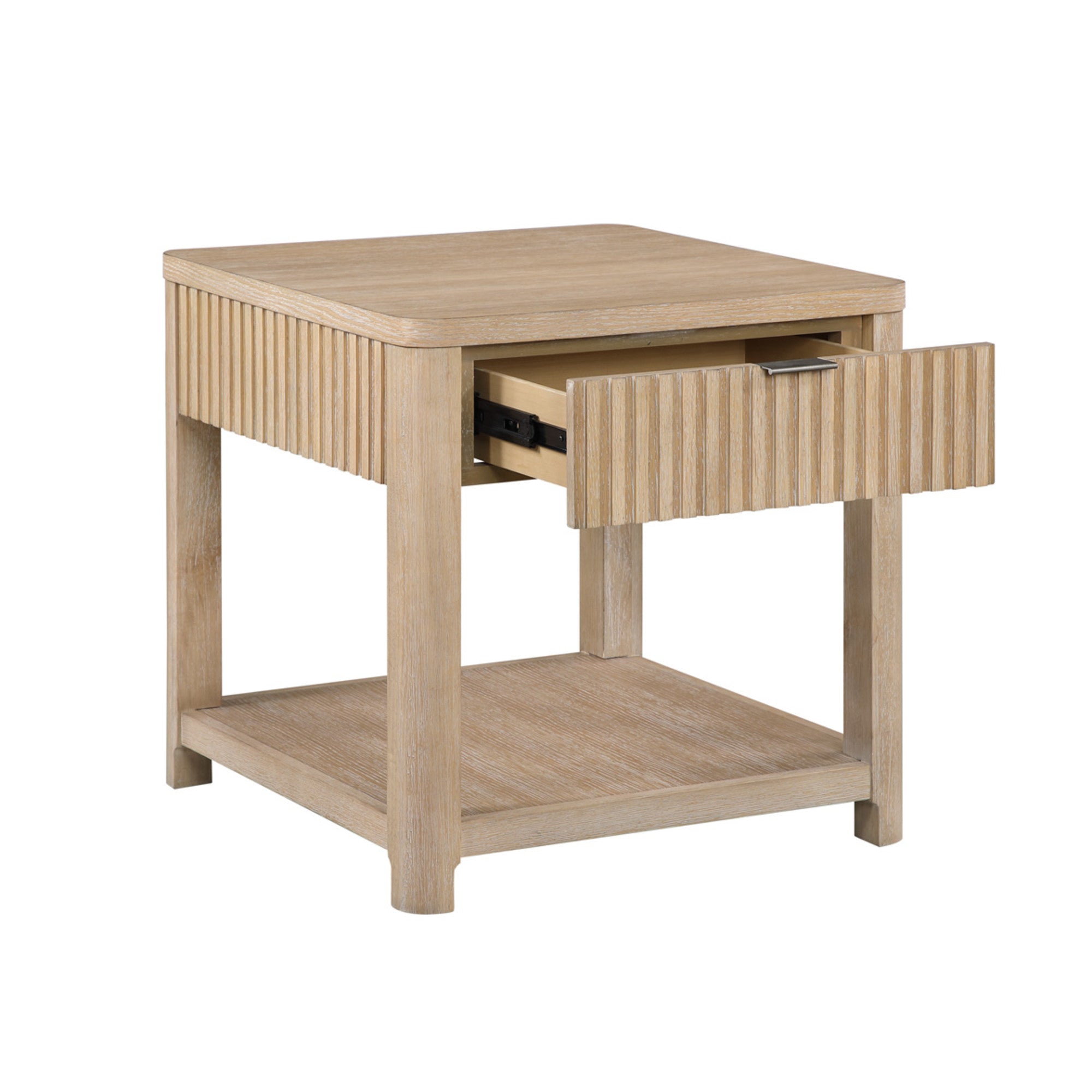 Light Brown Wooden Slatted 1 Drawer Side End Accent Table with Natural Wood Grains and Silver Handle