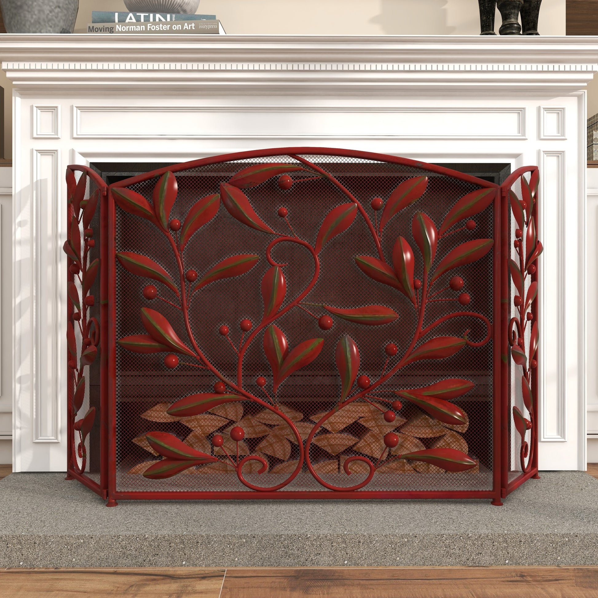 Leaf Metal Foldable Mesh Netting 3 Panel Living Room Fireplace Screen with Leaf and Vine Relief