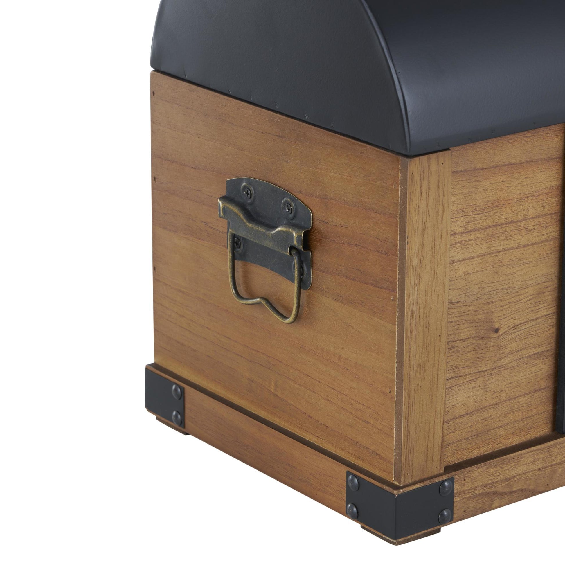 Set of 2 Brown Wooden Studded Storage Decorative Trunk with Black Metal Arched Tops and Vertical Strips