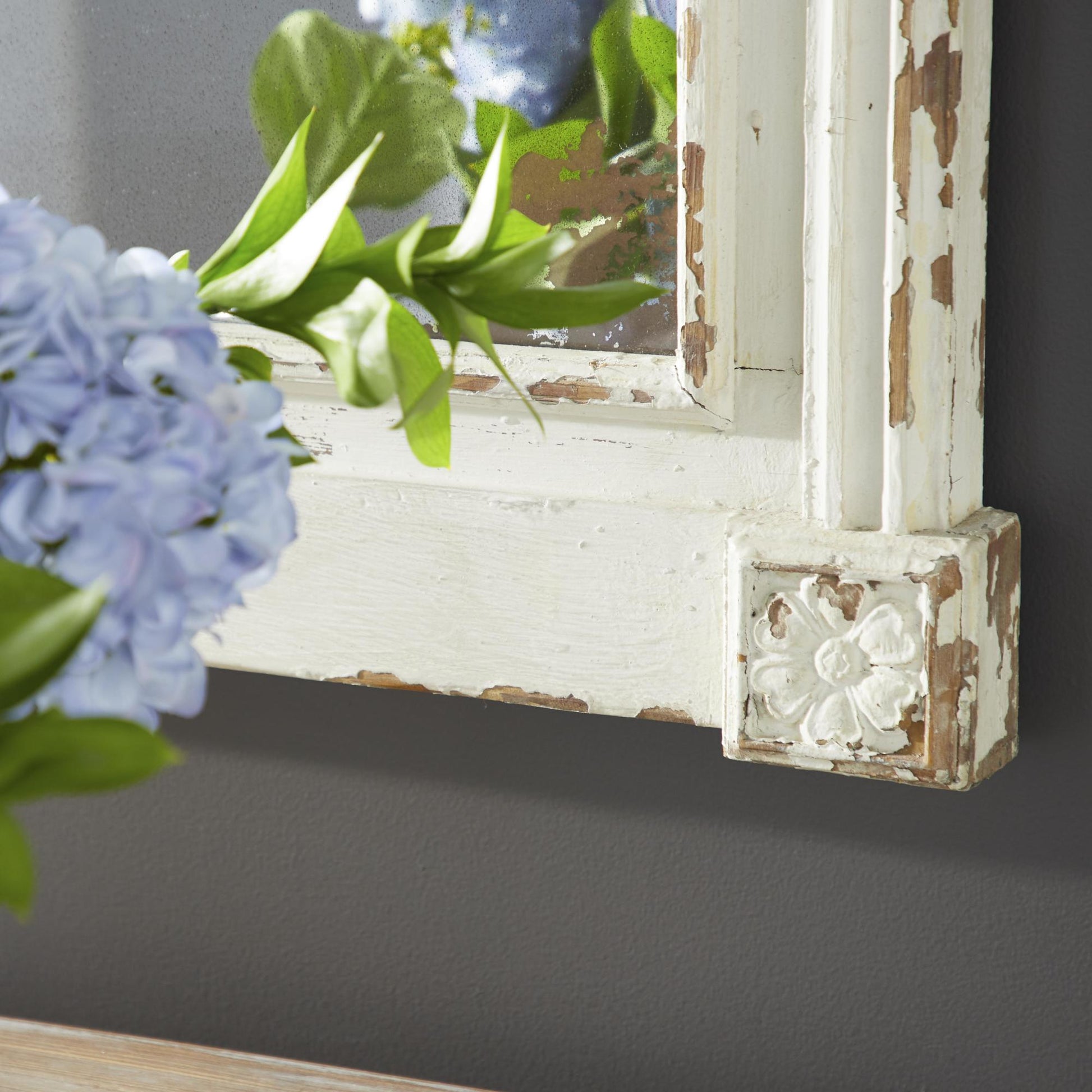 Floral Cream Wood Carved Room Wall Mirror with Distressing