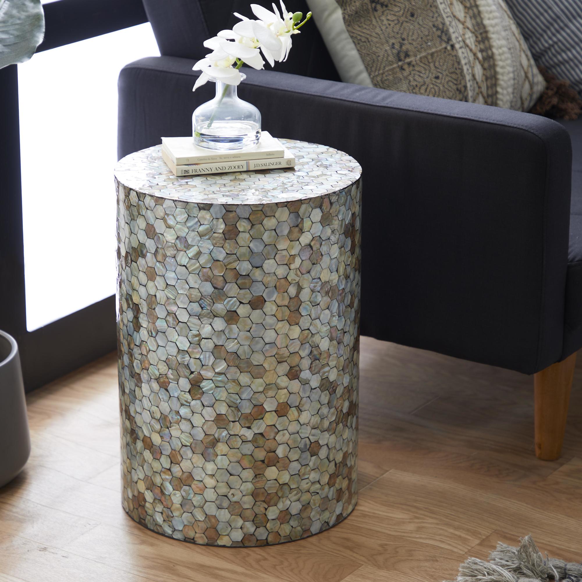 Geometric Mother of Pearl Shell Handmade Mosaic Drum Side End Accent Table